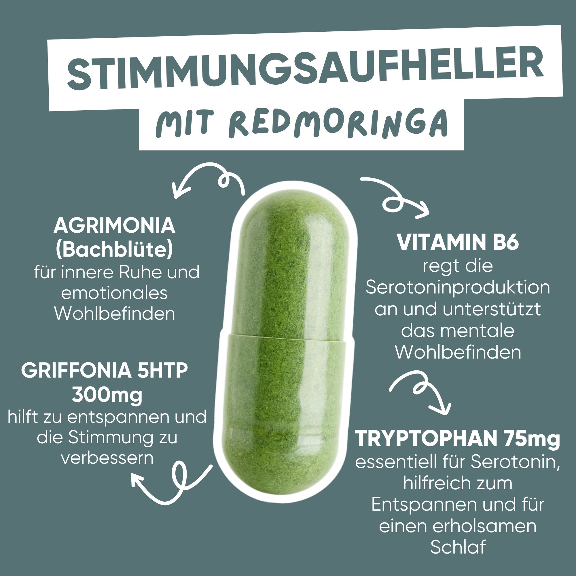 Flasche mit Kapseln. Moringa, Griffonia und Agrimonia für mentale Ausgeglichenheit.