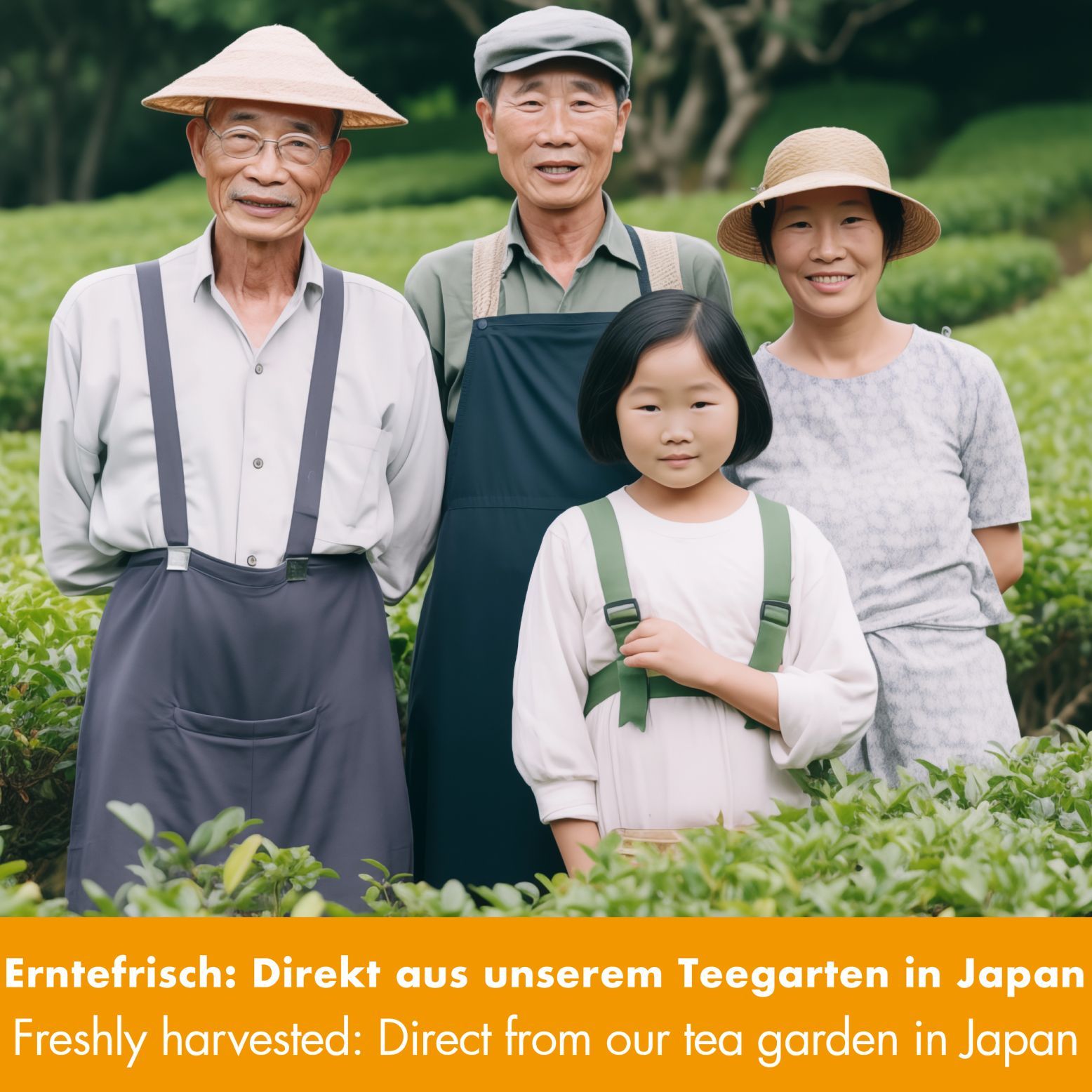 Vier Personen in einem Teegarten. Text: 'Erntefrisch: Direkt aus unserem Teegarten in Japan'.