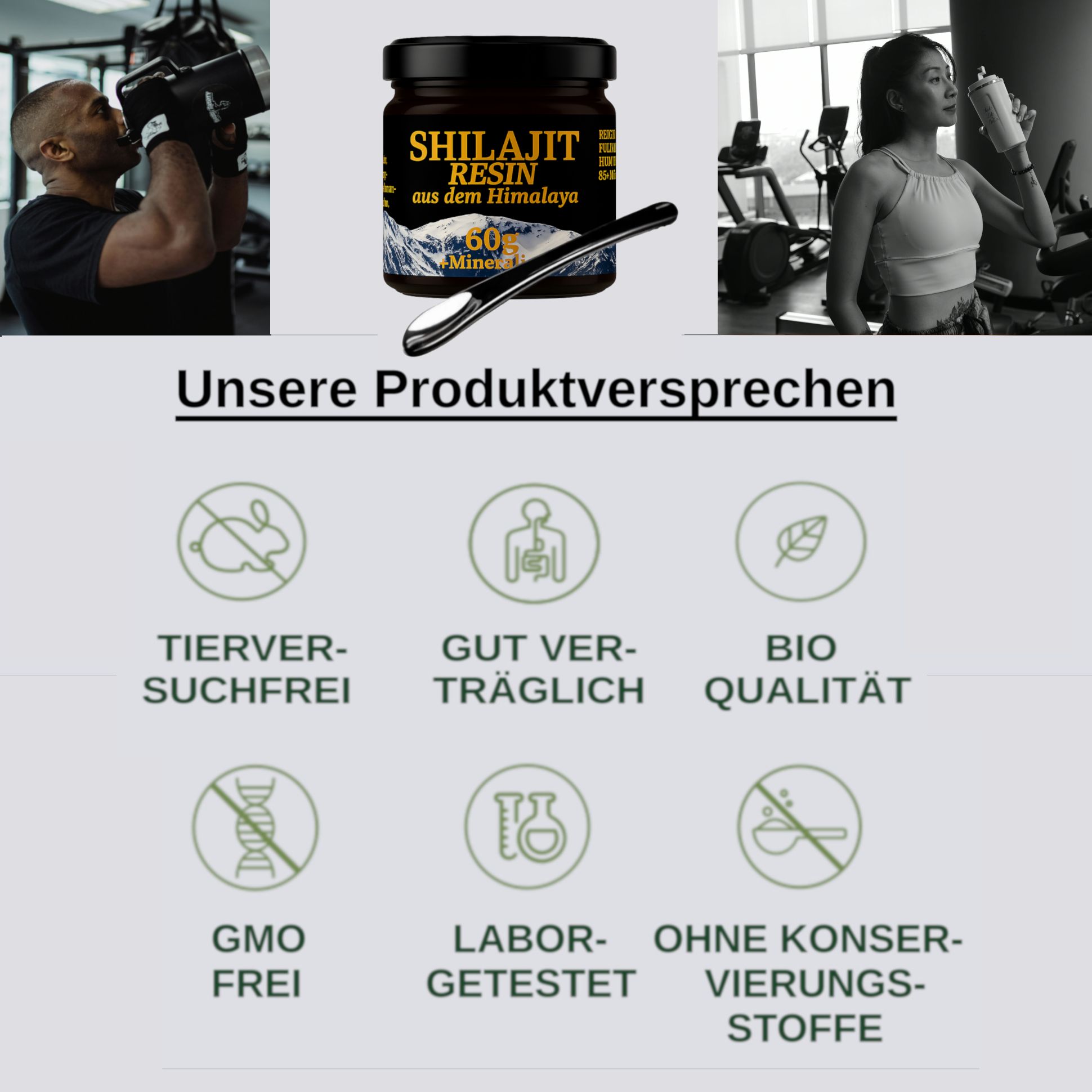 Glas mit Shilajit Resin, Löffel, Icons: tierversuchsfrei, gut verträglich, Bio-Qualität, GMO frei, laborgetestet, ohne Konservierungsstoffe.