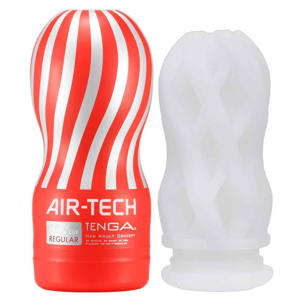 Roter Behälter mit weißem Streifenmuster und weißem Innenkörper. Text: AIR-TECH, TENGA, REGULAR.