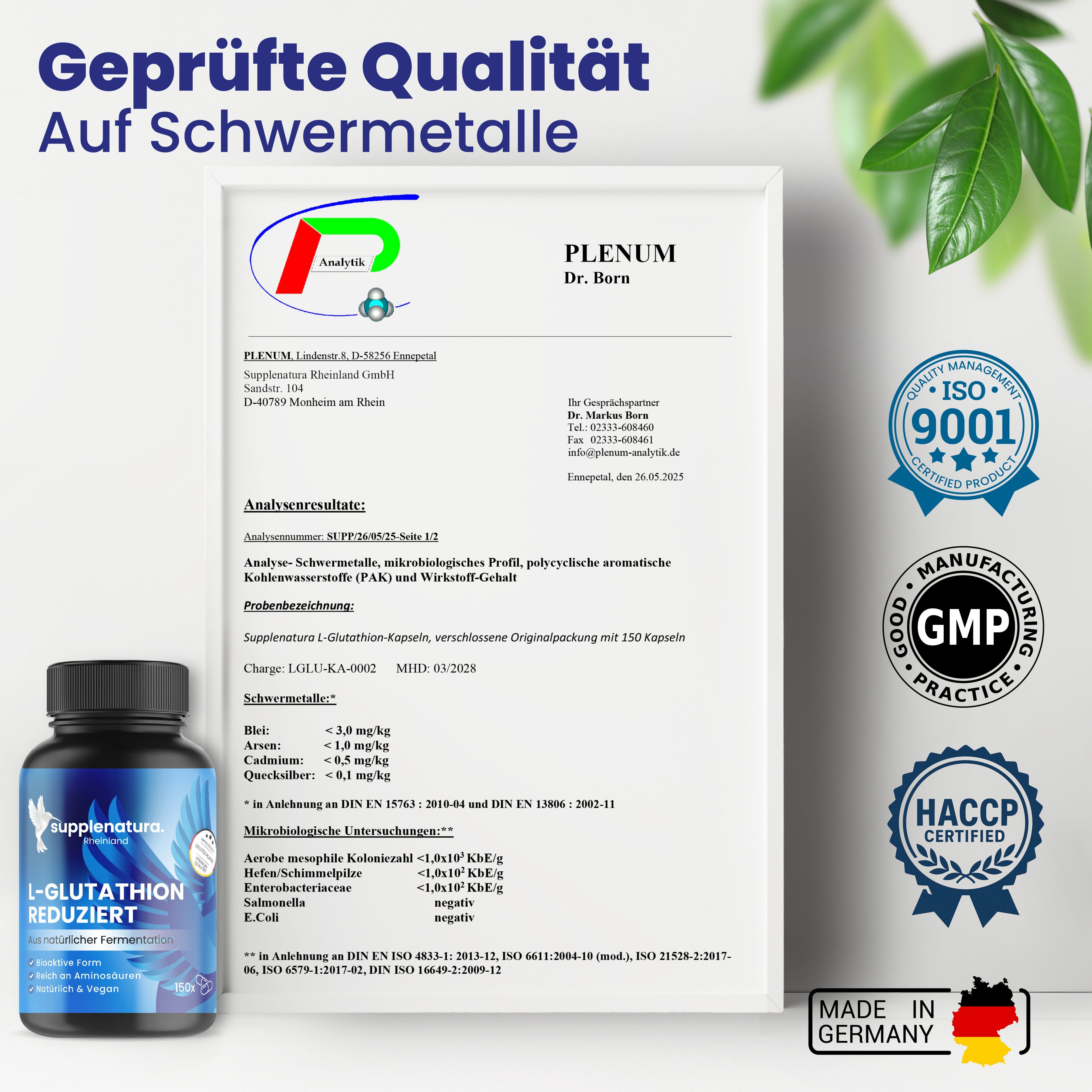 Zertifikat mit L-Glutathion-Analyse. Flasche mit Kapseln daneben. Qualitätszeichen: ISO 9001, GMP, HACCP. Made in Germany.