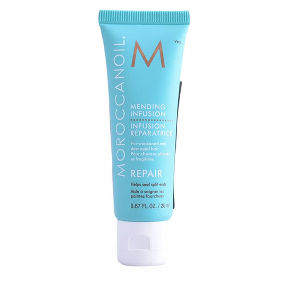 Türkisfarbene Tube mit weißem Verschluss. Aufschrift: MOROCCANOIL, Mending Infusion, Repair. 0.67 FL.OZ./20 ml. Schwarzer Aufkleber.