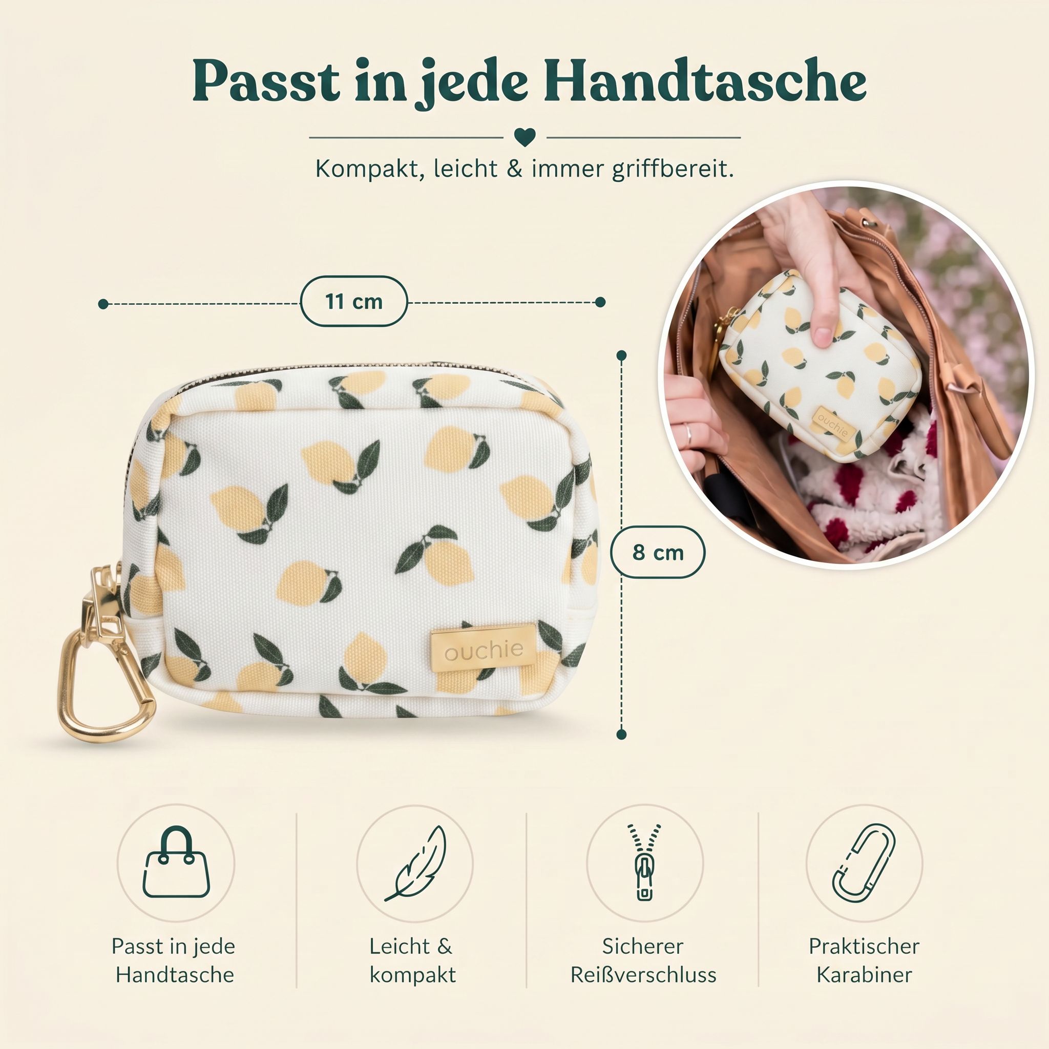 Ein ouchie Mini Erste-Hilfe-Set mit Zitronenmuster, das an einem Rucksack befestigt ist.