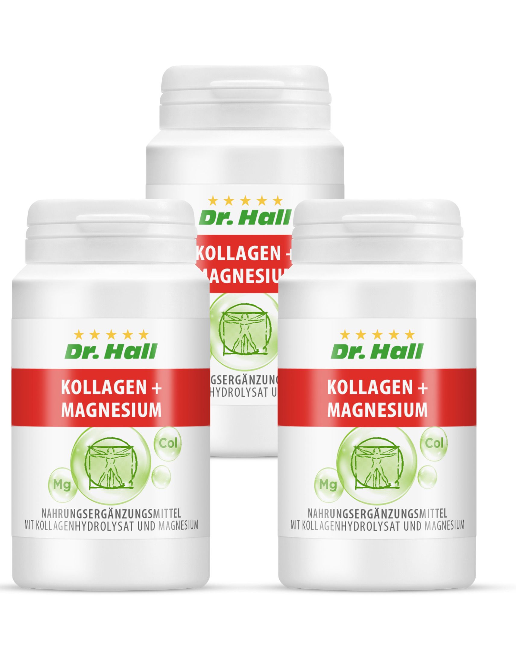 Drei weiße Flaschen mit rotem Etikett. Aufschrift: Dr. Hall Kollagen + Magnesium. Nahrungsergänzungsmittel mit Kollagenhydrolysat und Magnesium.
