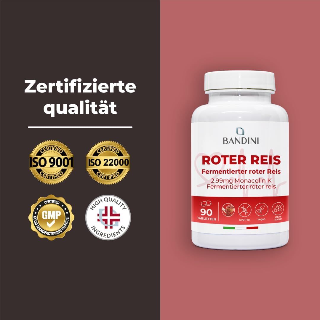 Bandini Roter Reis Tabletten. Weiße Flasche mit rotem Etikett. Text: Roter Reis, 90 Tabletten. Zertifizierungen.