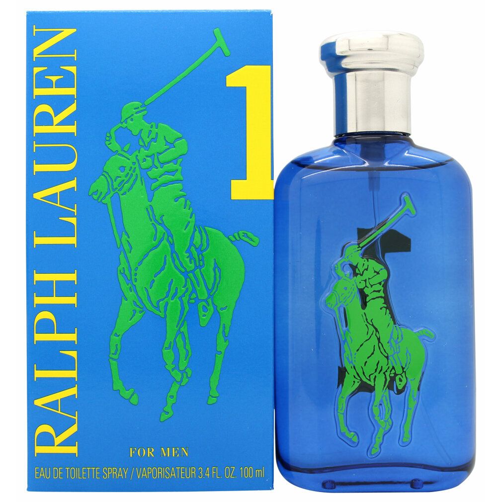 Blauer Flakon und Schachtel. Auf der Schachtel: Logo mit Reiter, Pferd und "RALPH LAUREN". Flakon mit "1".