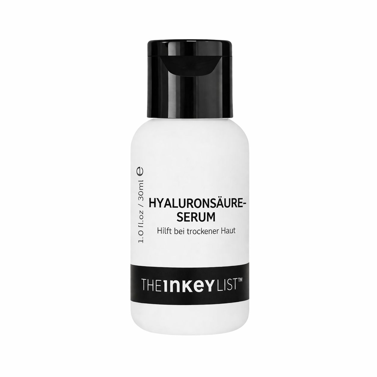 Weiße Flasche mit schwarzem Deckel. Aufschrift: Hyaluronsäure-Serum, hilft bei trockener Haut. Marke: The INKEY List.