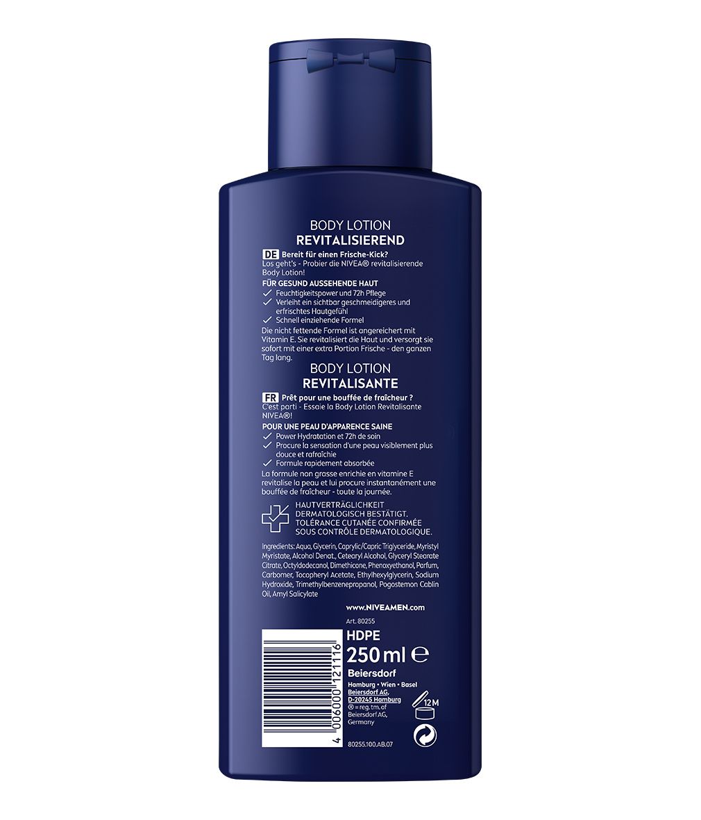 Rückseite der blauen NIVEA MEN Body Lotion Flasche. Text in Deutsch und Französisch. Inhaltsstoffe und Informationen.