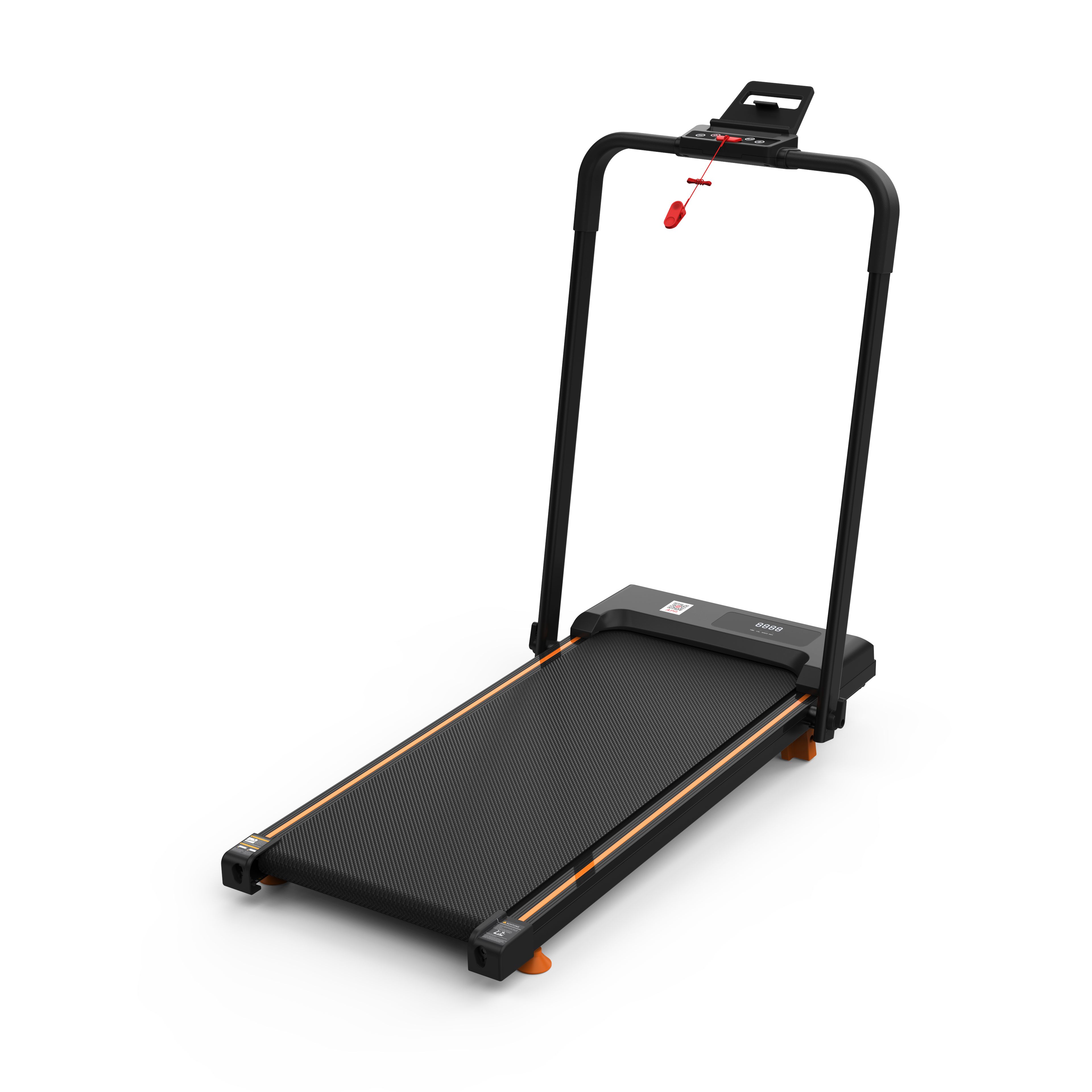 Schwarzes Laufband mit orangefarbenen Akzenten. Mit Haltegriff und Bedienfeld. Auf weißem Hintergrund.