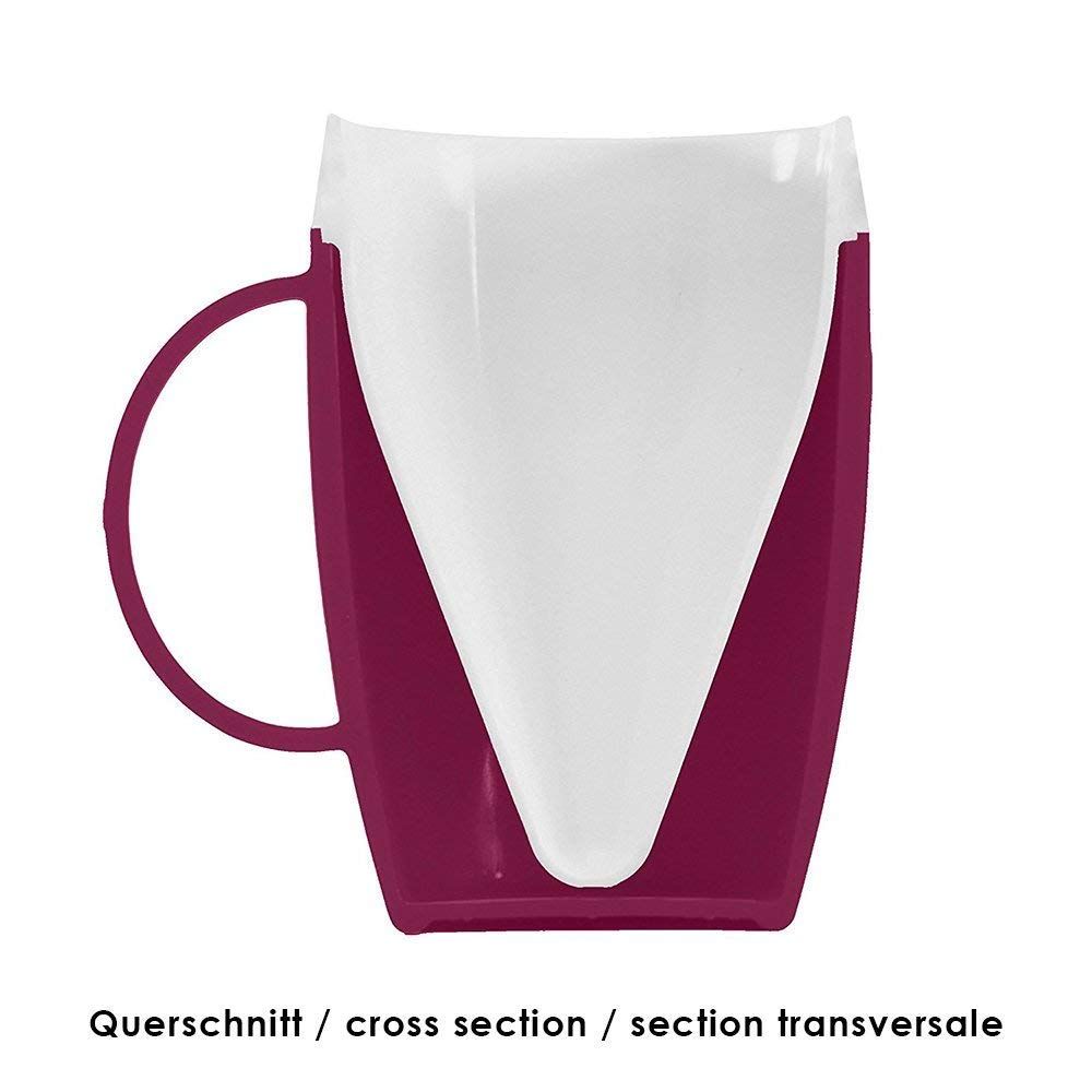 Querschnitt eines lila Bechers mit weißem Innenraum und Henkel. Beschriftung: Querschnitt / cross section / section transversale.