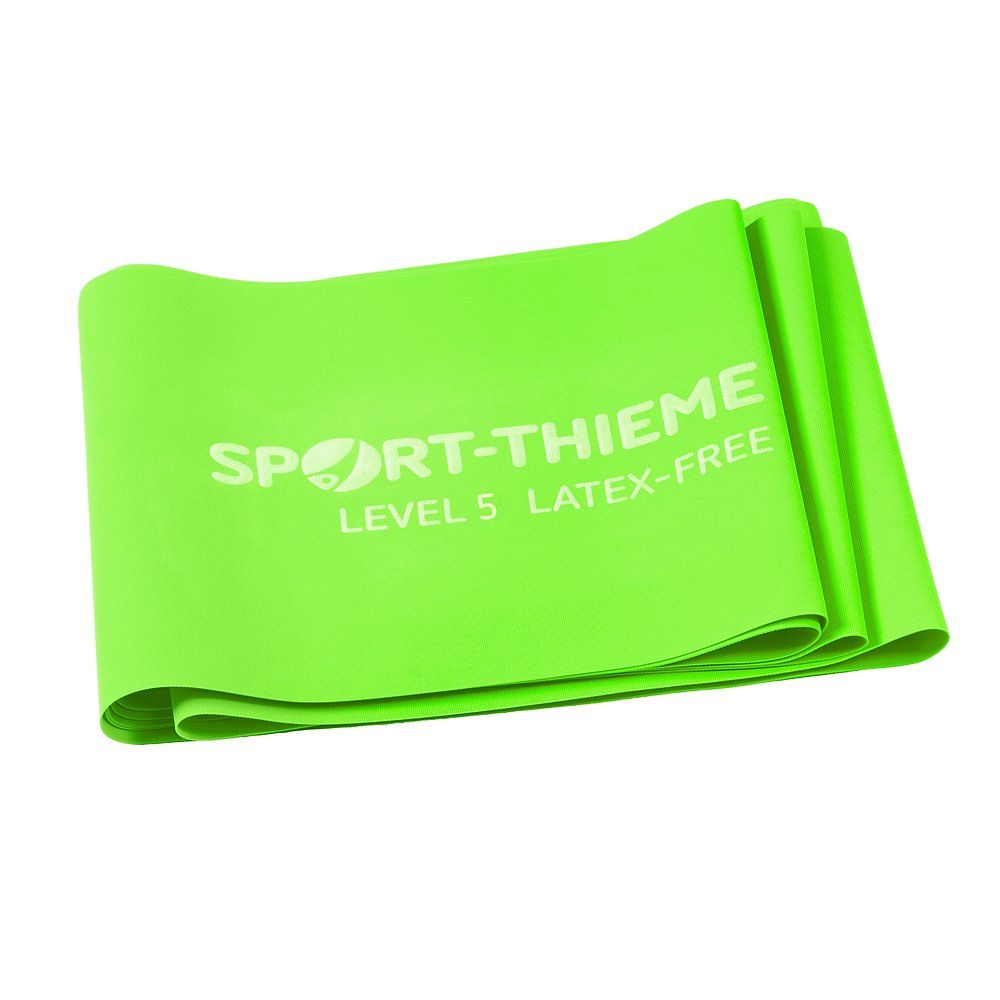 Grünes Fitnessband, gefaltet. Aufdruck: Sport-Thieme, Level 5, latexfrei.