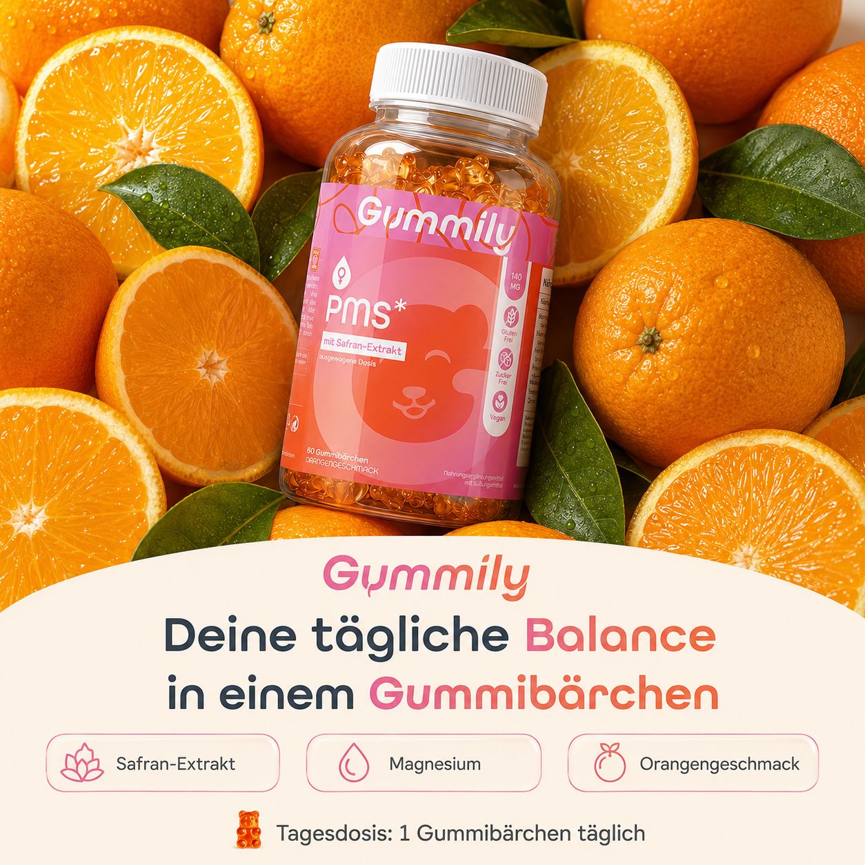 Gummily PMS Hormonbalance Gummibärchen umgeben von Orangen, mit Text über tägliche Balance.