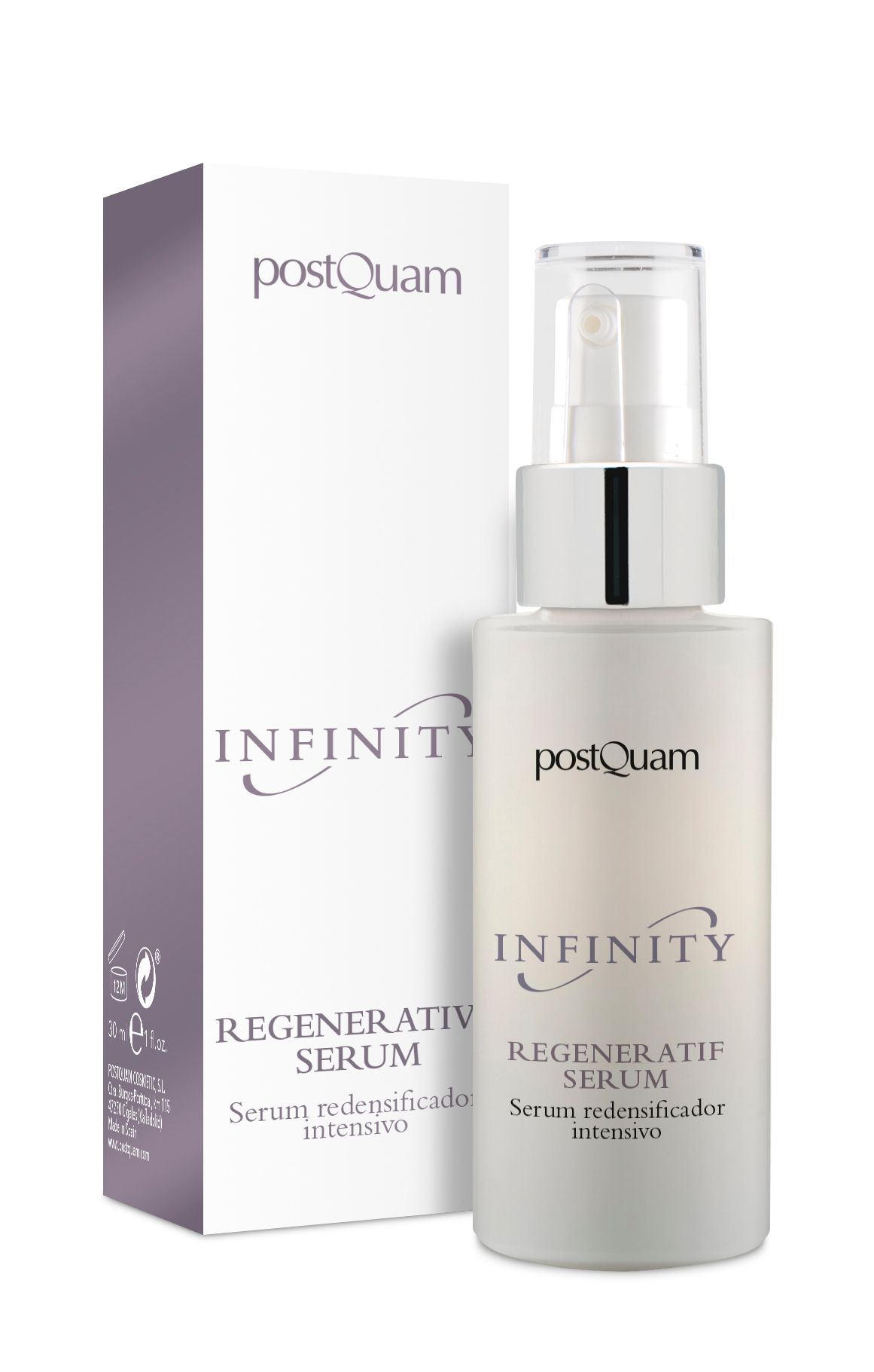 Eine weiße Flasche und eine Schachtel. Auf der Flasche steht "postQuam INFINITY REGENERATIV SERUM". Die Schachtel hat lila Akzente und Text.