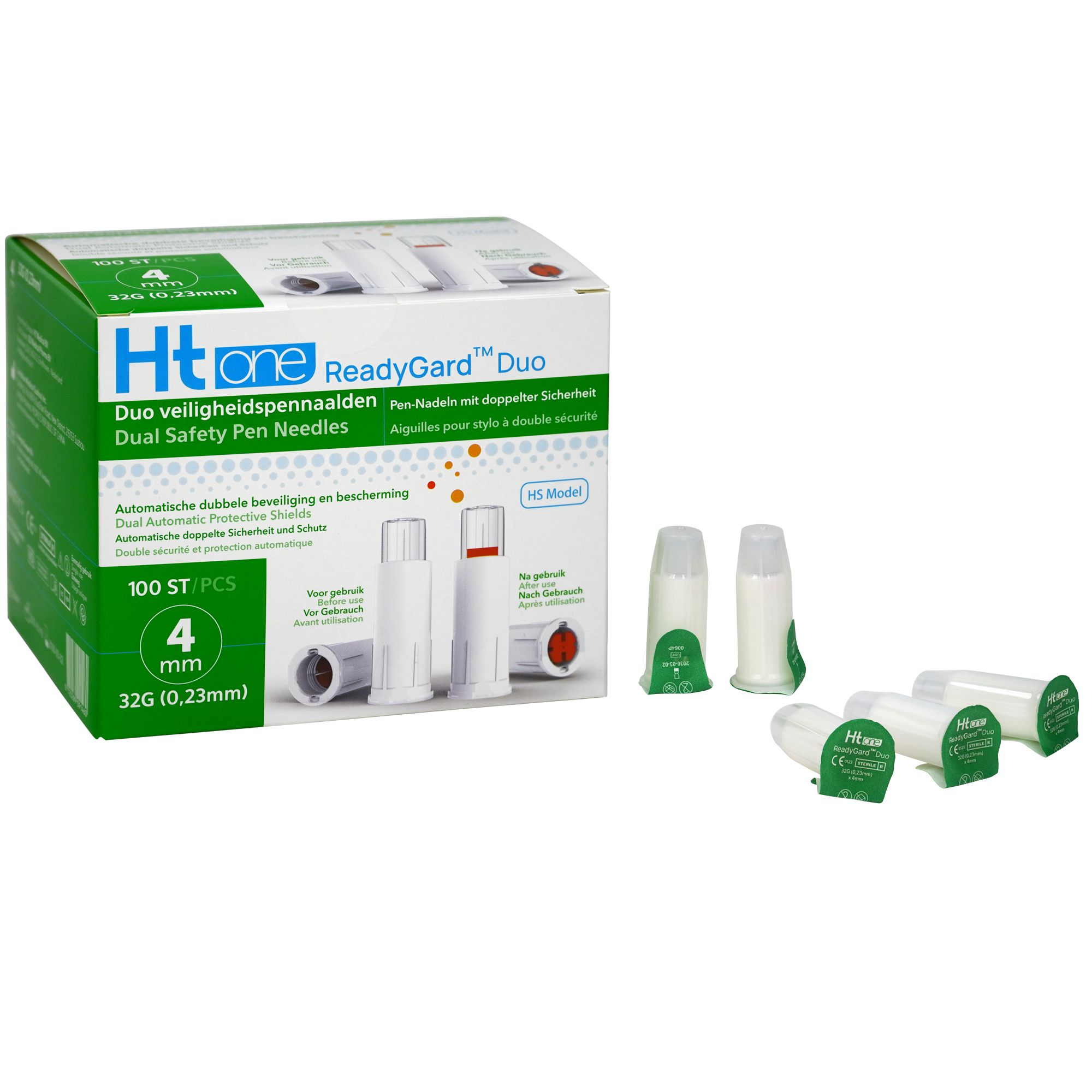 Geöffnete Verpackung von Ht one ReadyGard Duo Sicherheitsnadeln. Einzelne Nadeln mit grünen und roten Schutzkappen. 100 Stück, 4 mm, 32G.