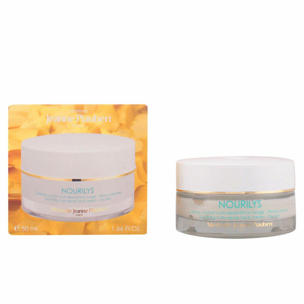 Creme-Tiegel und Verpackung. Text: Nourilys, Crème confort nutri-réparatrice visage - Peaux sèches. Verpackung: 50 ml, 1.66 FL.OZ.