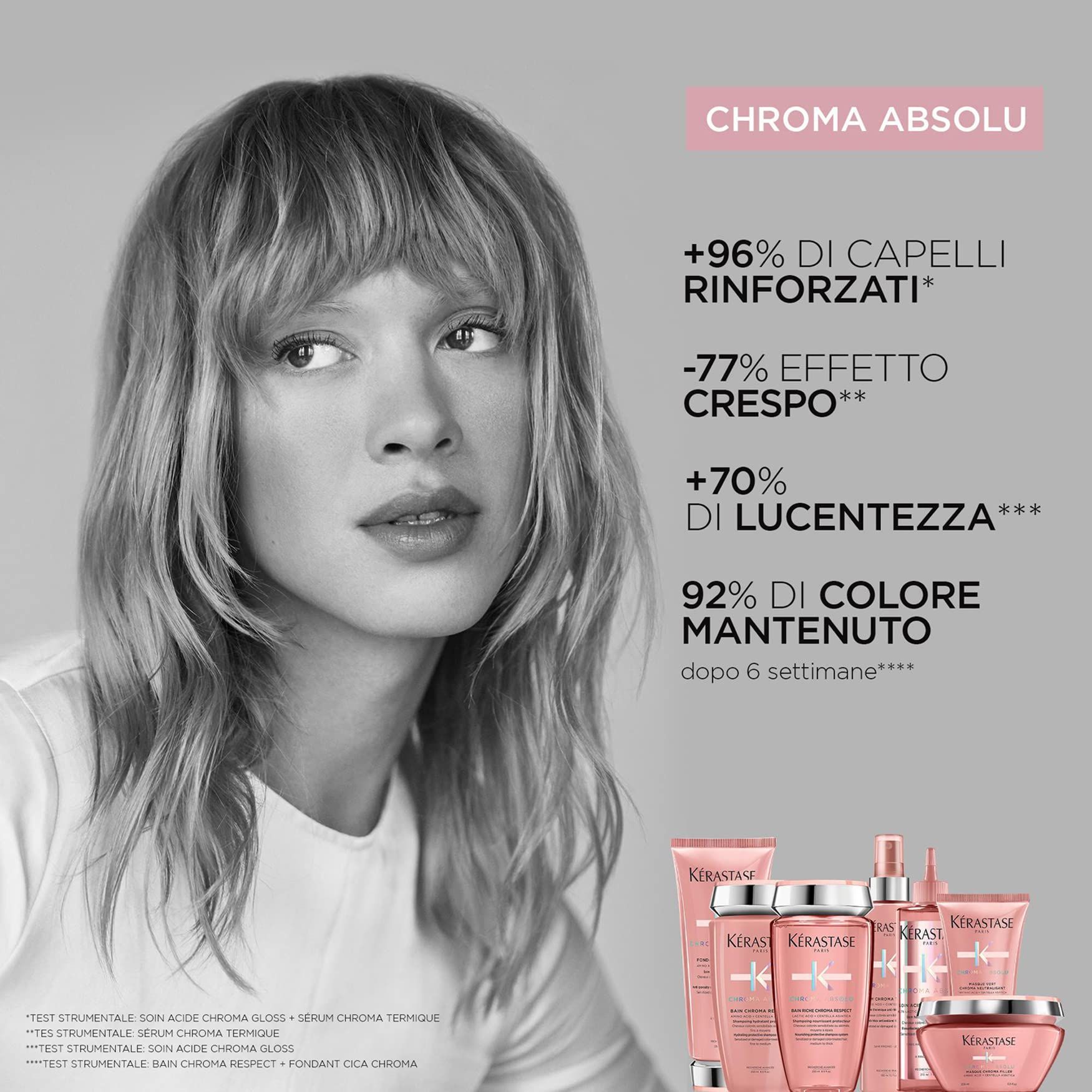 Frau mit blondem Haar. Text: Chroma Absolu. +96% gestärktes Haar, -77% Frizz, +70% Glanz, 92% Farberhalt.