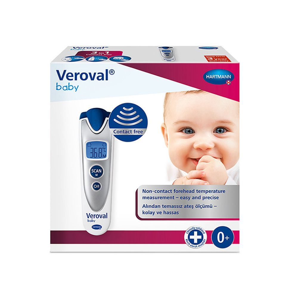 Veroval® baby Thermometer. Digitalanzeige mit Temperatur. Kontaktlose Messung. Verpackung mit Babyfoto.