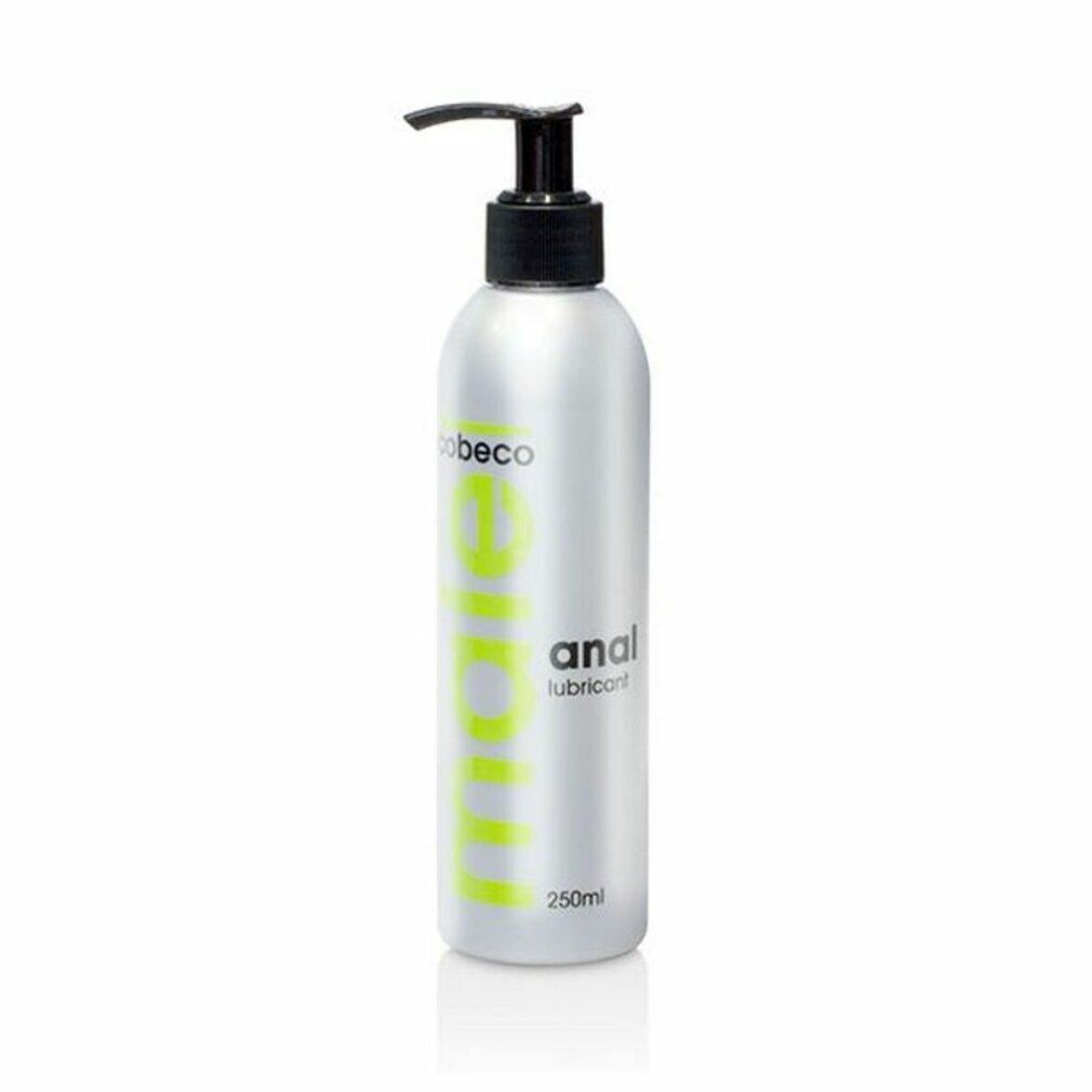 Silberne Flasche mit schwarzem Pumpkopf. Aufschrift: male anal lubricant. Marke: cobeco. Volumen: 250ml.