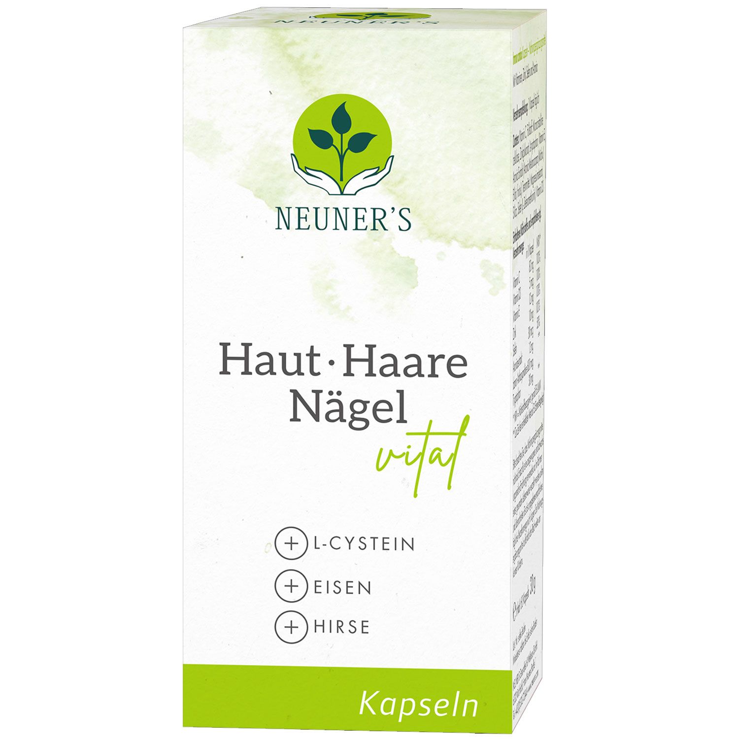 Weiß-grüne Verpackung mit Produktnamen und Logo. Enthält Kapseln. Aufschrift: Haut, Haare, Nägel vital. Inhaltsstoffe: L-Cystein, Eisen, Hirse.