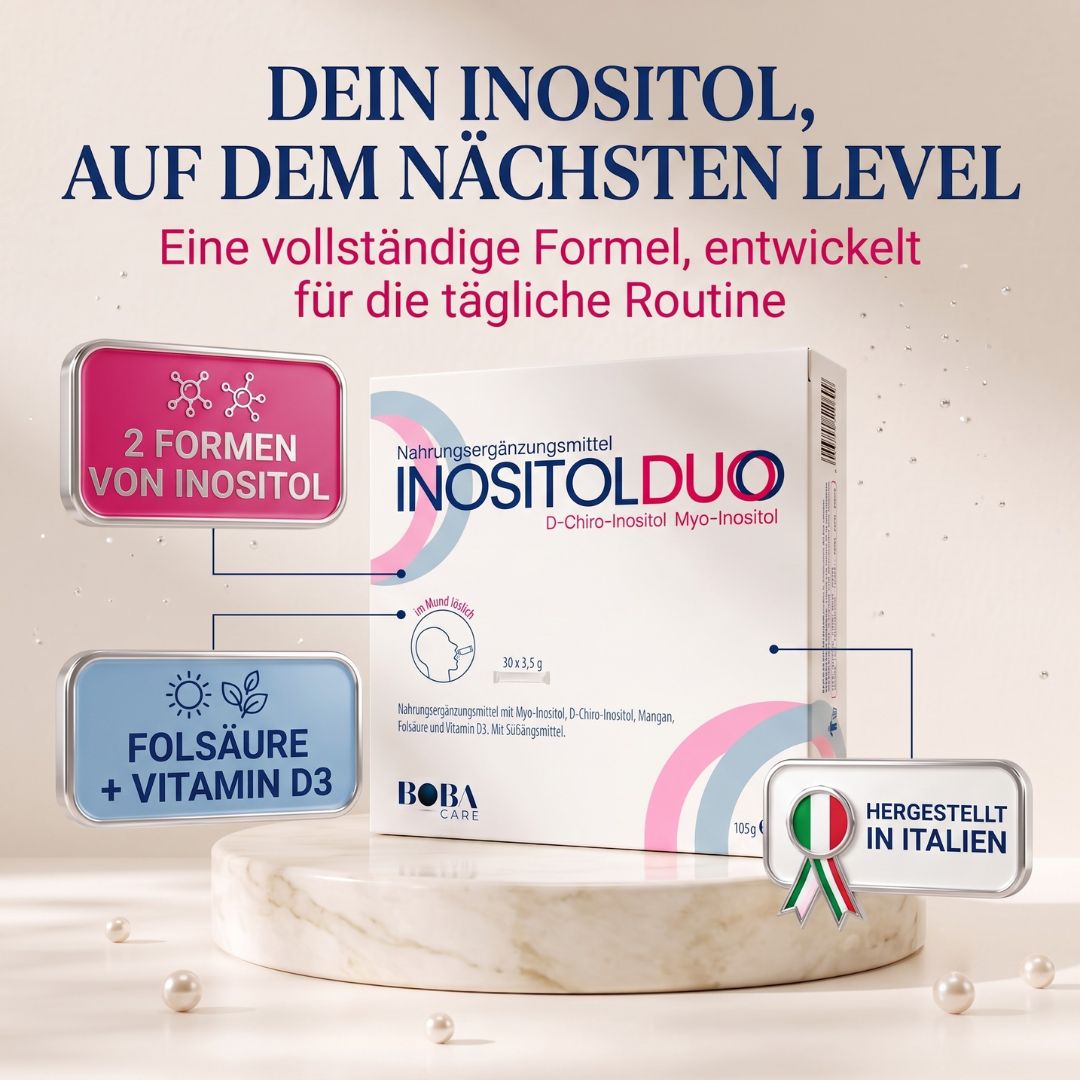 Verpackung von Inositol Duo Nahrungsergänzungsmittel mit Folsäure und Vitamin D3. Hergestellt in Italien.