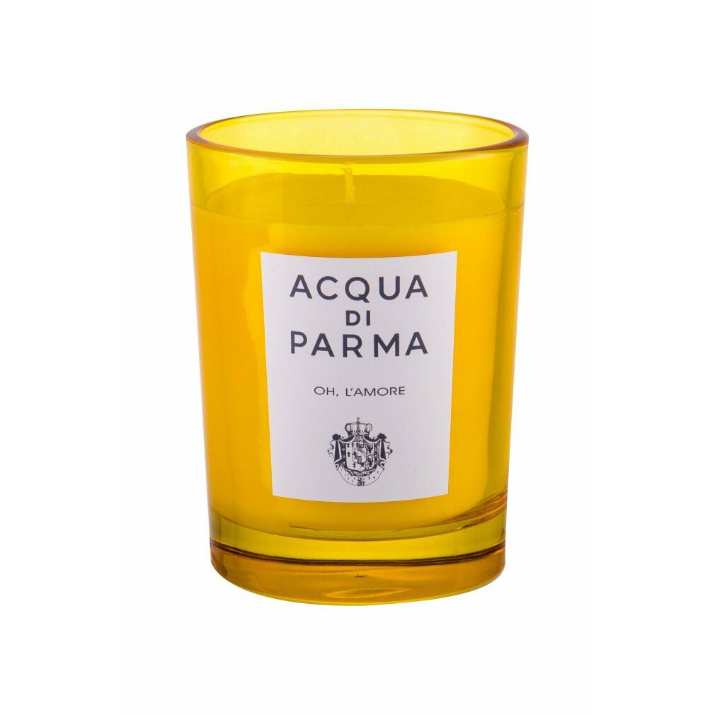Gelbe Kerze in Glas. Aufschrift: Acqua di Parma, Oh, l'Amore. Gelbes Wachs.