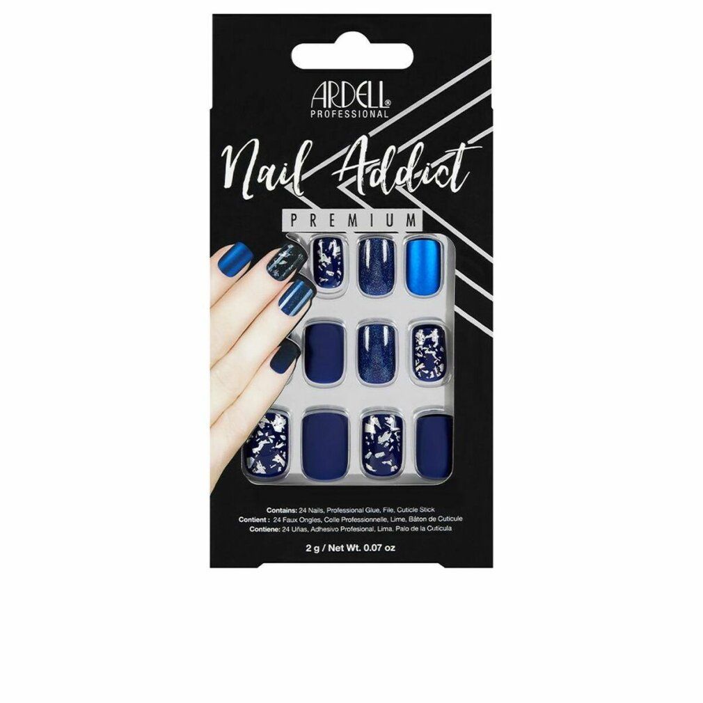 Ardell Nail Addict Matte Blue Kunstnägel. Schwarze Verpackung mit Produktabbildung. 24 Nägel, Kleber, Feile, Nagelhautstab.