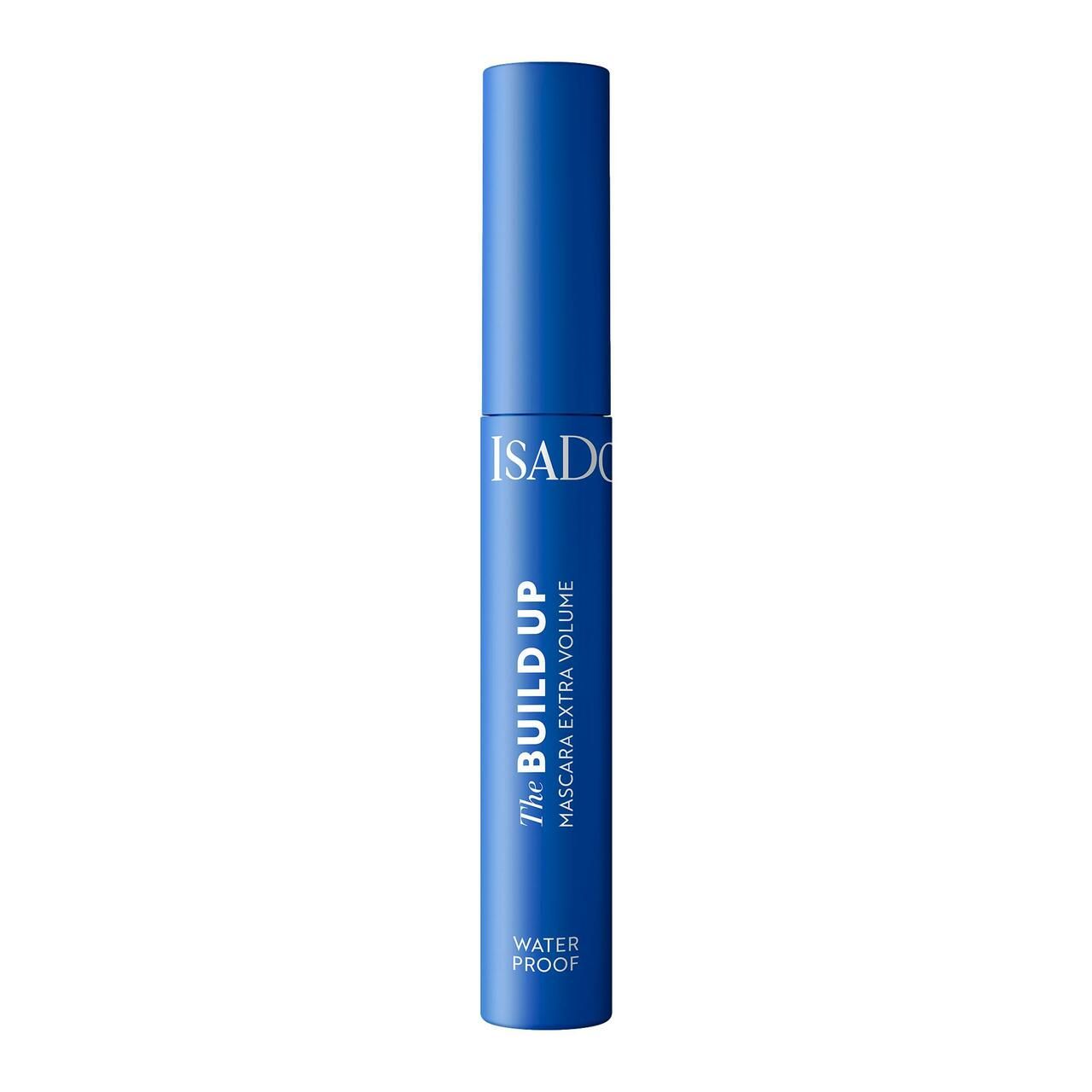 Blaue Mascarahülse mit schwarzer Schrift. Aufschrift: ISADORA, The Build Up, Mascara Extra Volume, Waterproof.