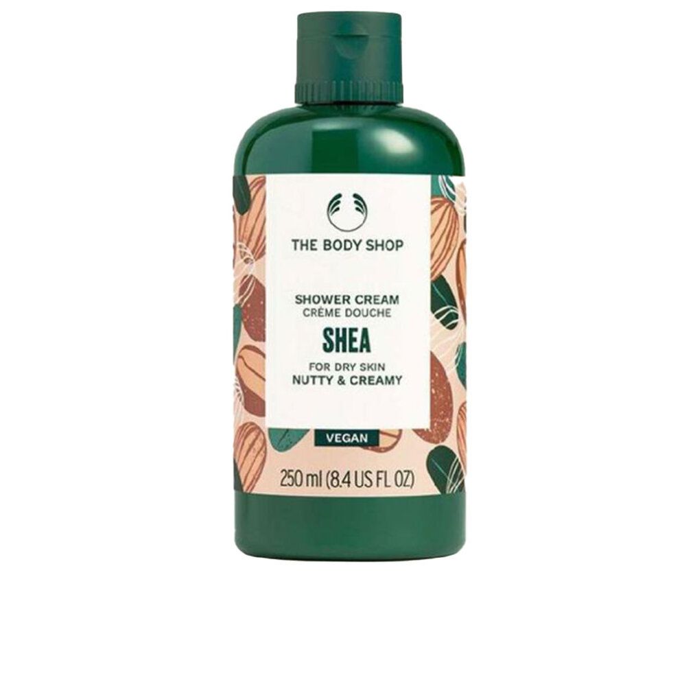 Grüne Flasche mit Drehverschluss. Aufschrift: Shower Cream Shea, für trockene Haut. Vegan. 250 ml.