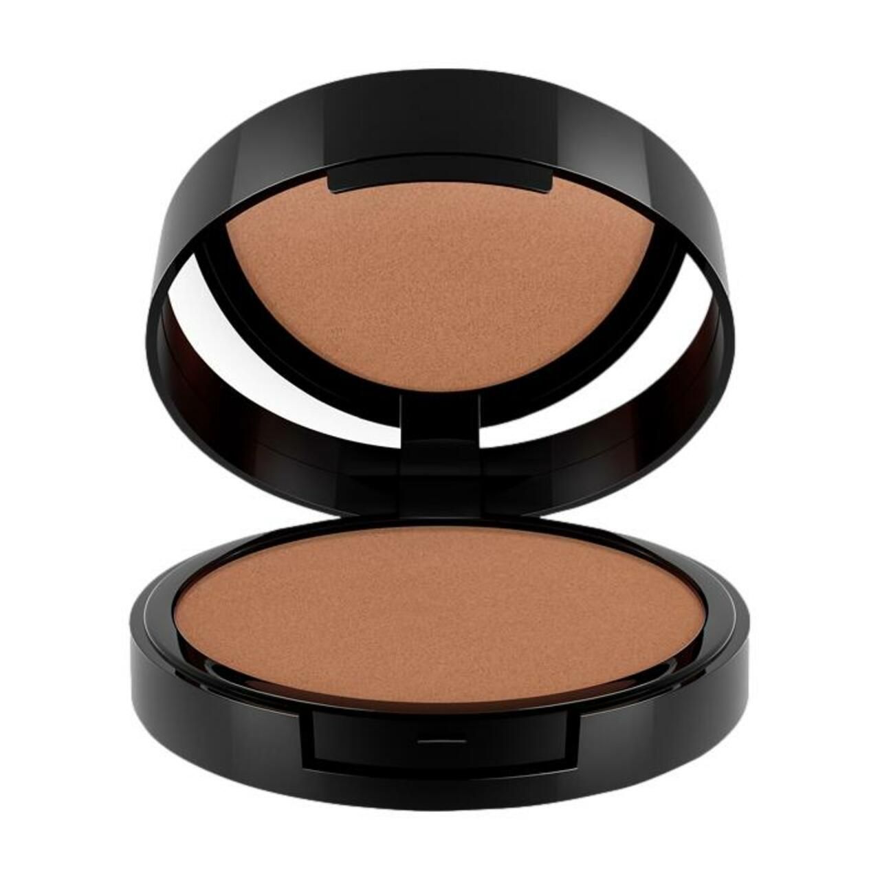 Offene, schwarze Kosmetikdose mit cremefarbenem Blush. Deckel mit Spiegel. Produkt mit brauner Farbe.