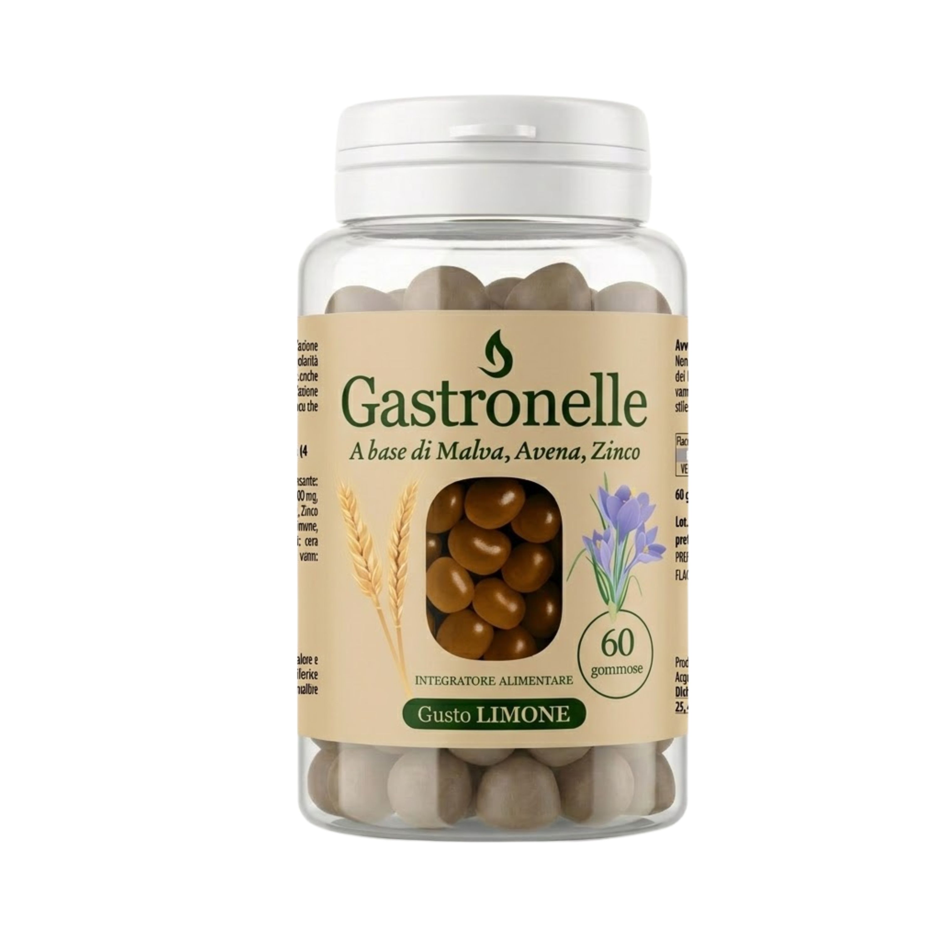 Transparenter Behälter mit braunen Gummibärchen. Aufkleber mit Produktnamen, Inhaltsstoffen und 60 Gummibärchen.