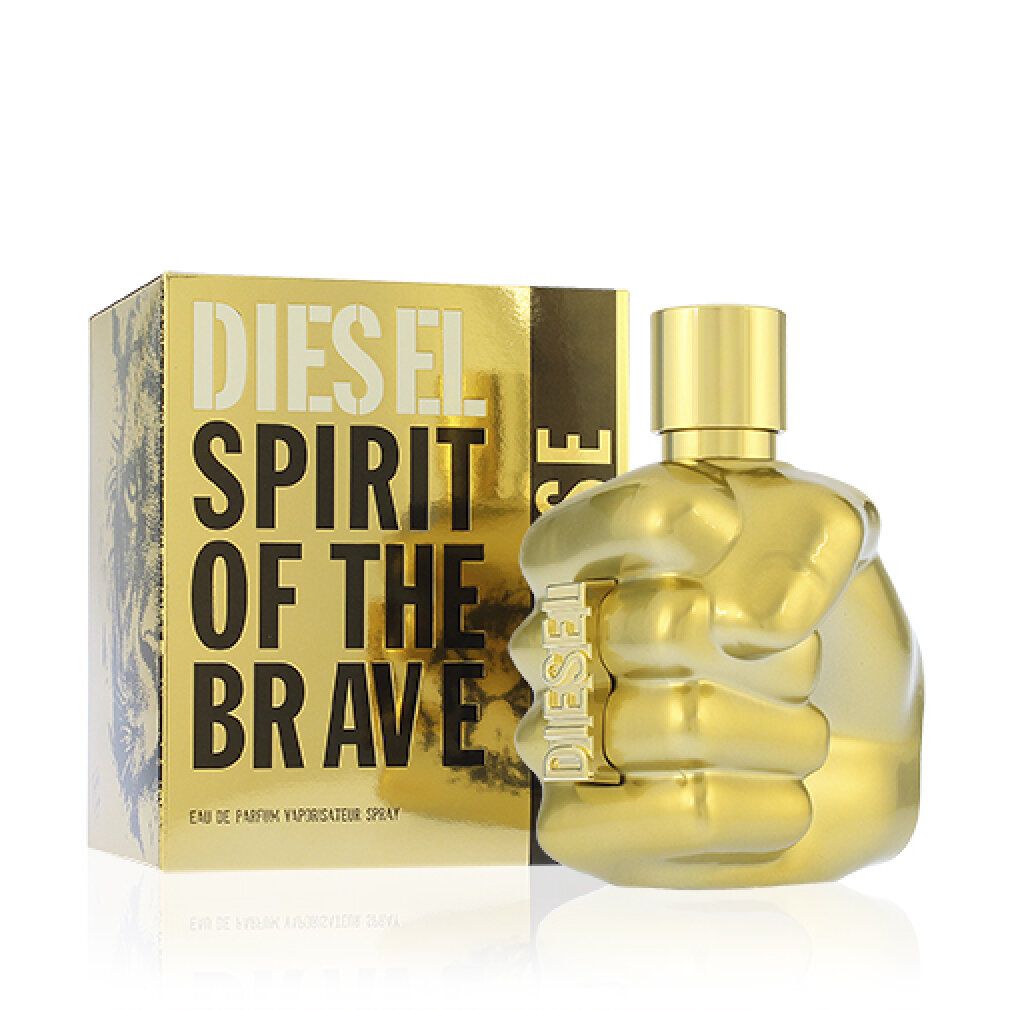Goldfarbener Flakon in Faustform und goldene Verpackung. Aufschrift: Diesel Spirit Of The Brave Intense. Abbildung eines Löwen.