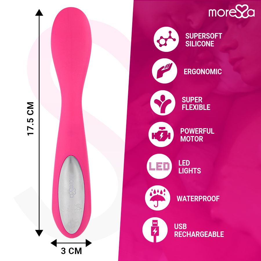 Pinkfarbenes Produkt. Maße: 17,5 cm x 3 cm. Eigenschaften: Superweiches Silikon, ergonomisch, superflexibel, starker Motor, LED-Lichter, wasserdicht, USB-aufladbar.