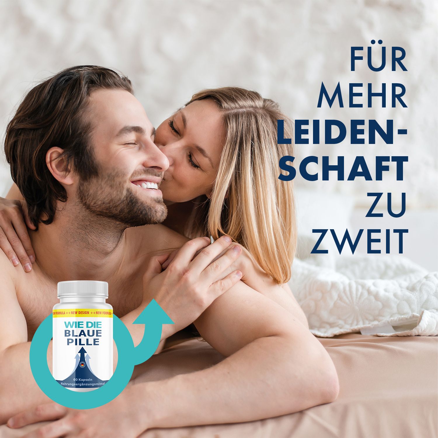 Paar im Bett. Flasche mit Produkt. Text: Für mehr Leidenschaft zu zweit.