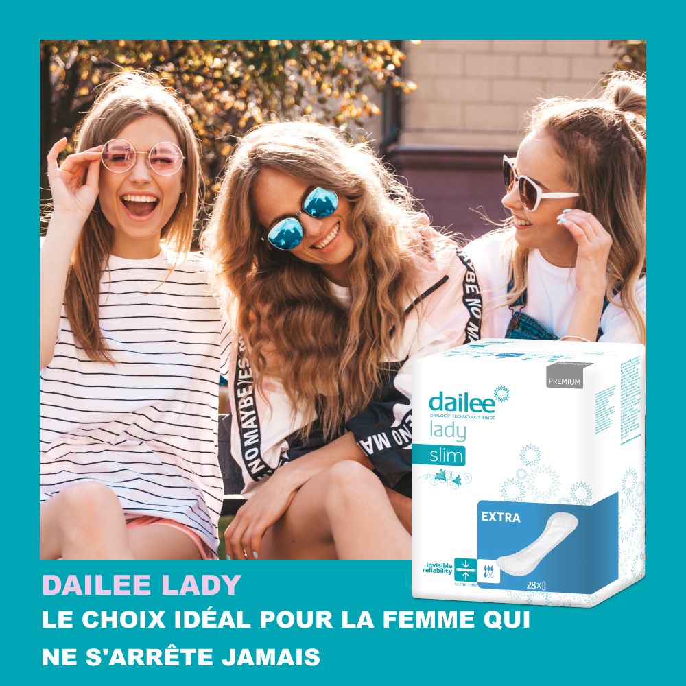 Paquet Dailee Lady Slim Extra. Trois femmes assises. Texte: LE CHOIX IDÉAL POUR LA FEMME QUI NE S'ARRÊTE JAMAIS.