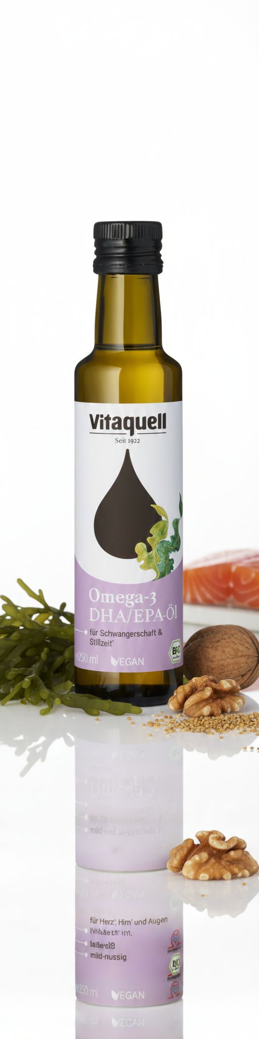 Vitaquell Omega-3 DHA/EPA-Öl Flasche mit Lachs, Nüssen und Algen