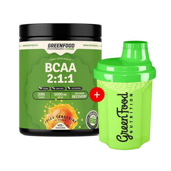 Grüne Dose mit BCAA 2:1:1, Schriftzug und Shaker. Aufschrift: GreenFood Nutrition, Juicy Tangerine, 5000 mg BCAA, vegan, zuckerfrei, glutenfrei.
