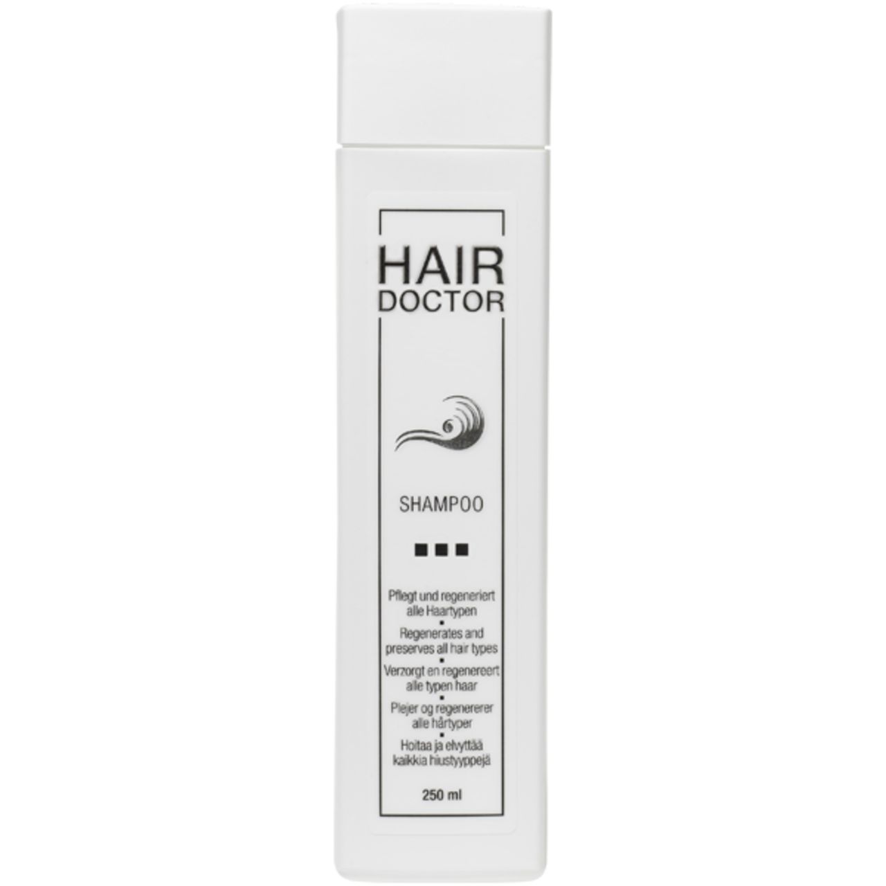 Weiße Shampoo-Flasche mit Aufschrift HAIR DOCTOR und SHAMPOO. Enthält mehrere Sprachversionen. 250 ml.