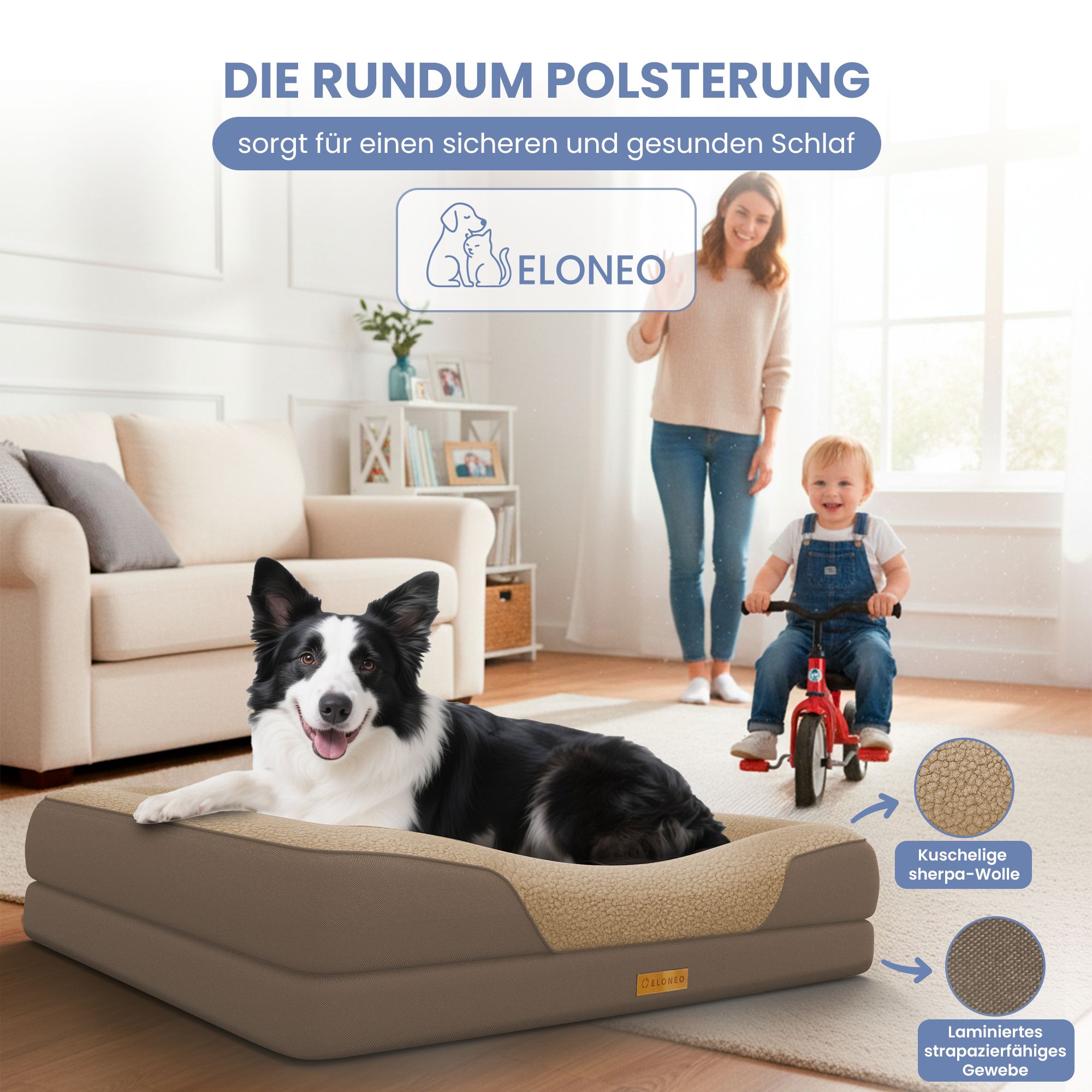 Hundebett, braun. Hund liegt im Bett. Frau und Kind im Hintergrund. Logo ELONEO.