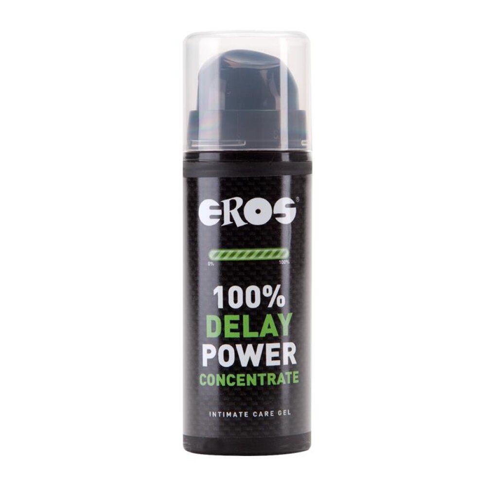 EROS 100% Delay Power Concentrate Intimate Care Gel in schwarzer Spenderflasche mit klarem Pumpspender.