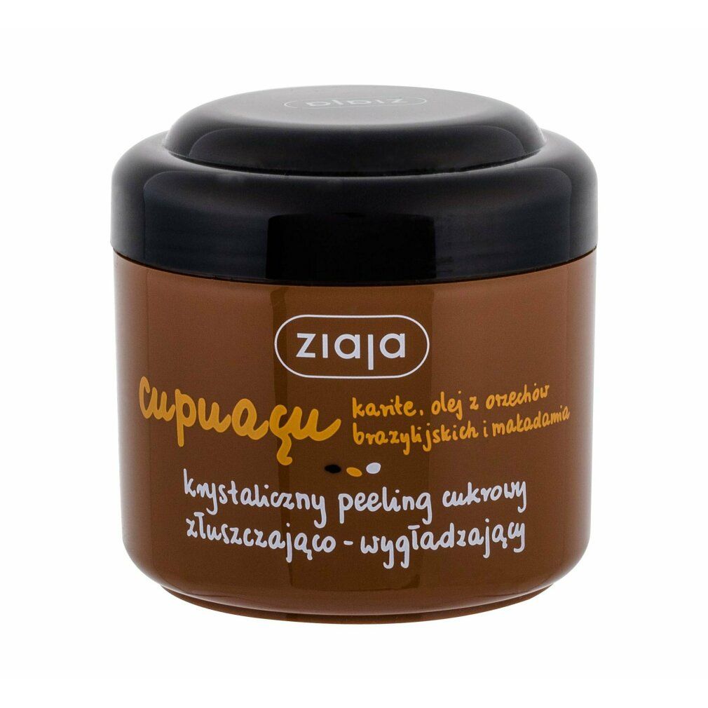 Braune Dose mit schwarzem Deckel. Aufschrift: Ziaja, Cupuacu, Zuckerpeeling. Enthält Karité, Paranuss- und Macadamiaöle.