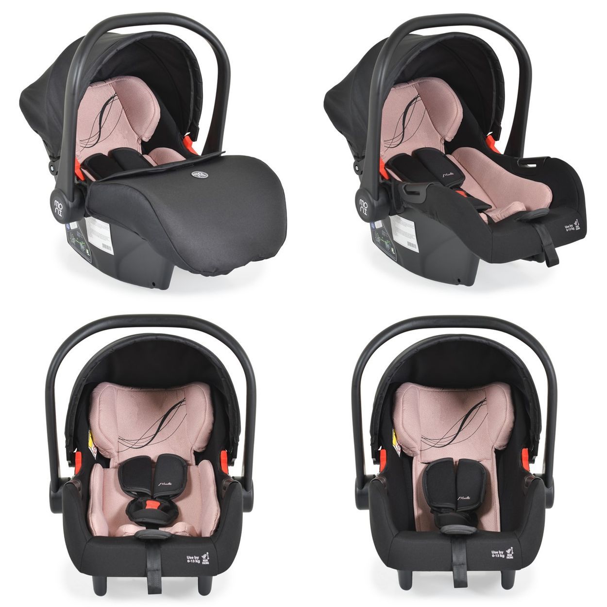 Schwarze Babyschale mit verstellbarem Verdeck und 5-Punkt-Gurt.