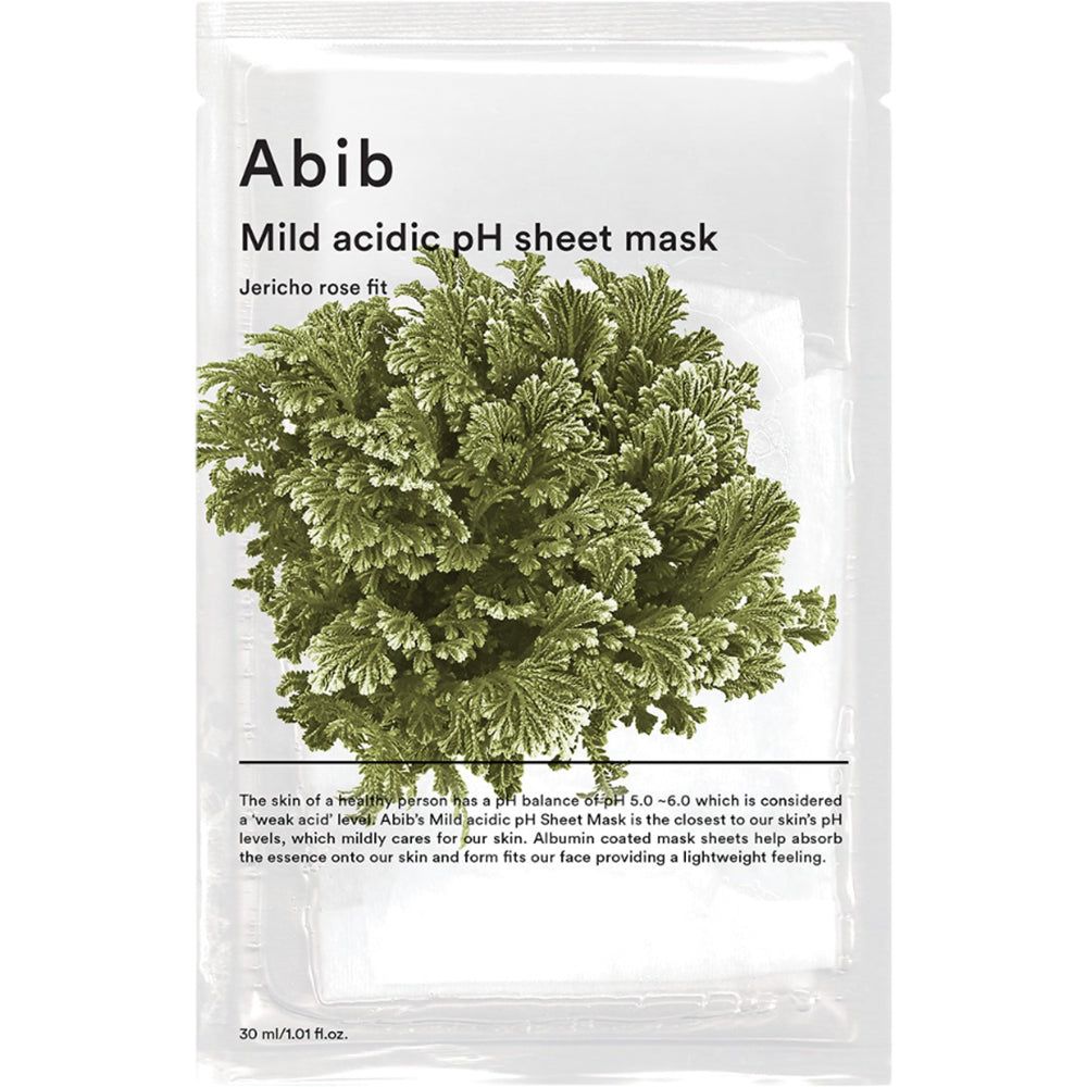 Abib Mild Saure pH-Tuchmaske Jericho Rose Fit Einzelverpackung mit getrockneter Pflanze.