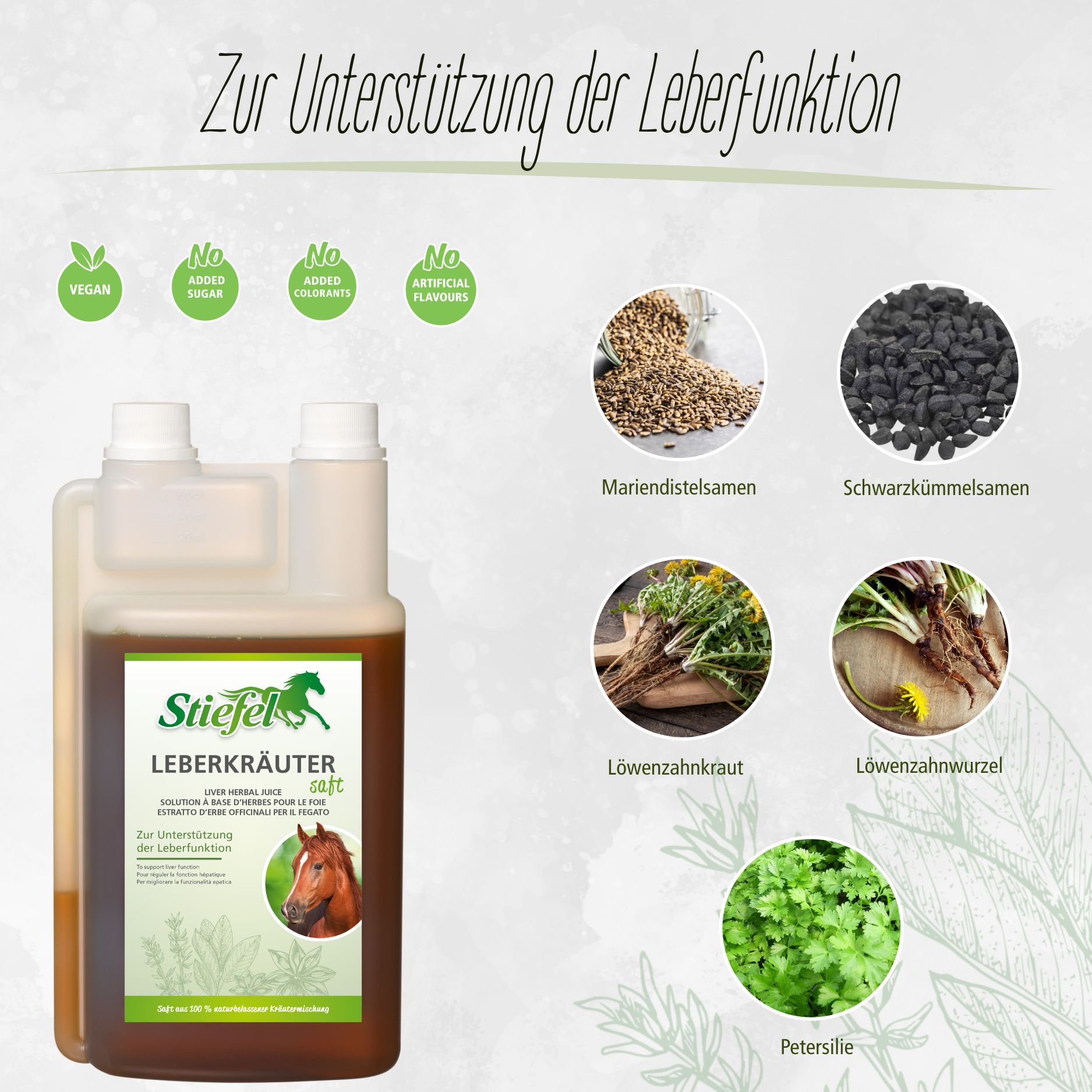 Flasche Stiefel Leberkräutersaft mit Zutaten-Illustrationen. Vegan, ohne Zucker, ohne Zusatzstoffe, ohne künstliche Aromen.