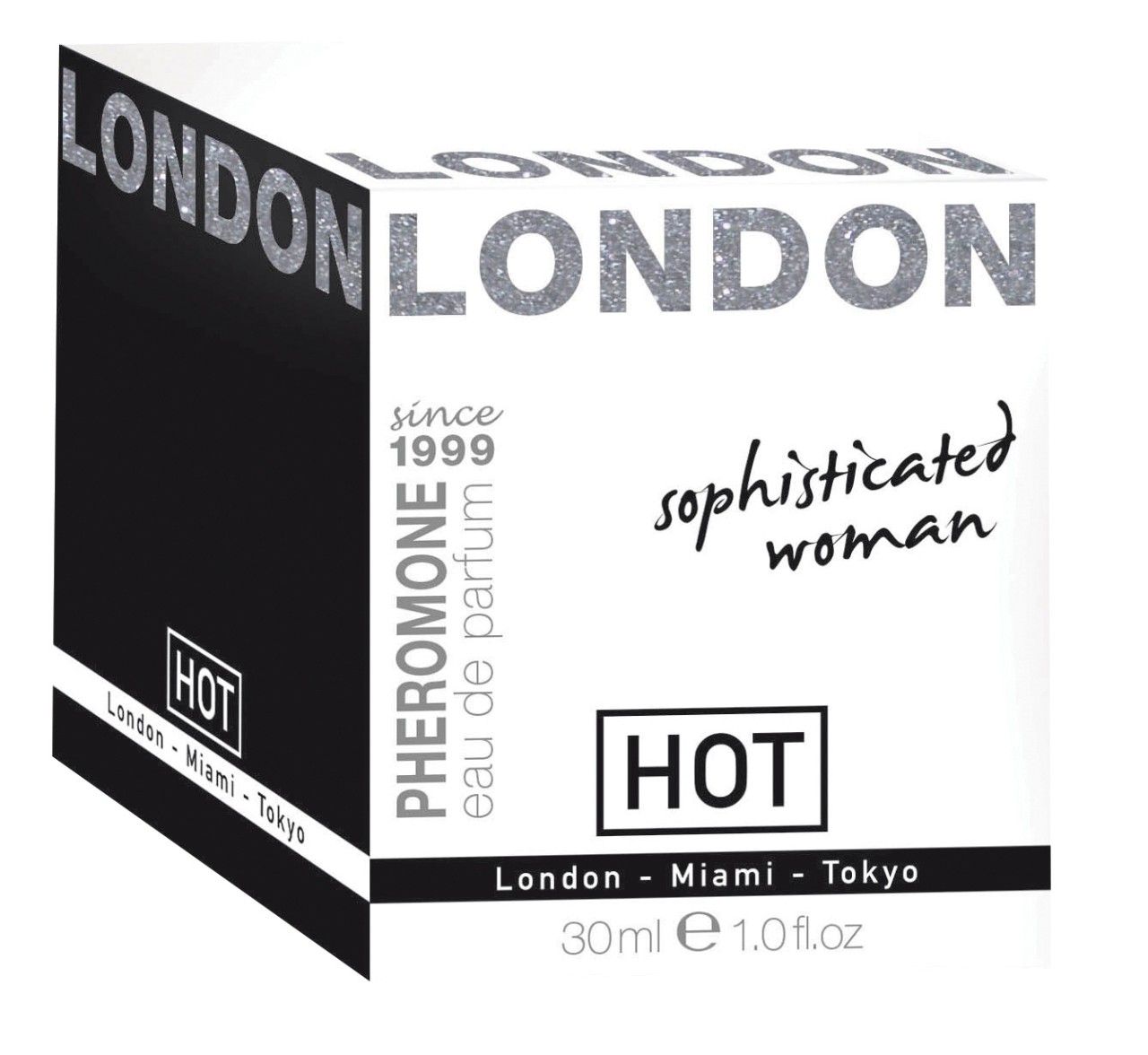 Schachtel mit "LONDON" und "sophisticated woman". "PHEROMONE eau de parfum" und "HOT" Logo.