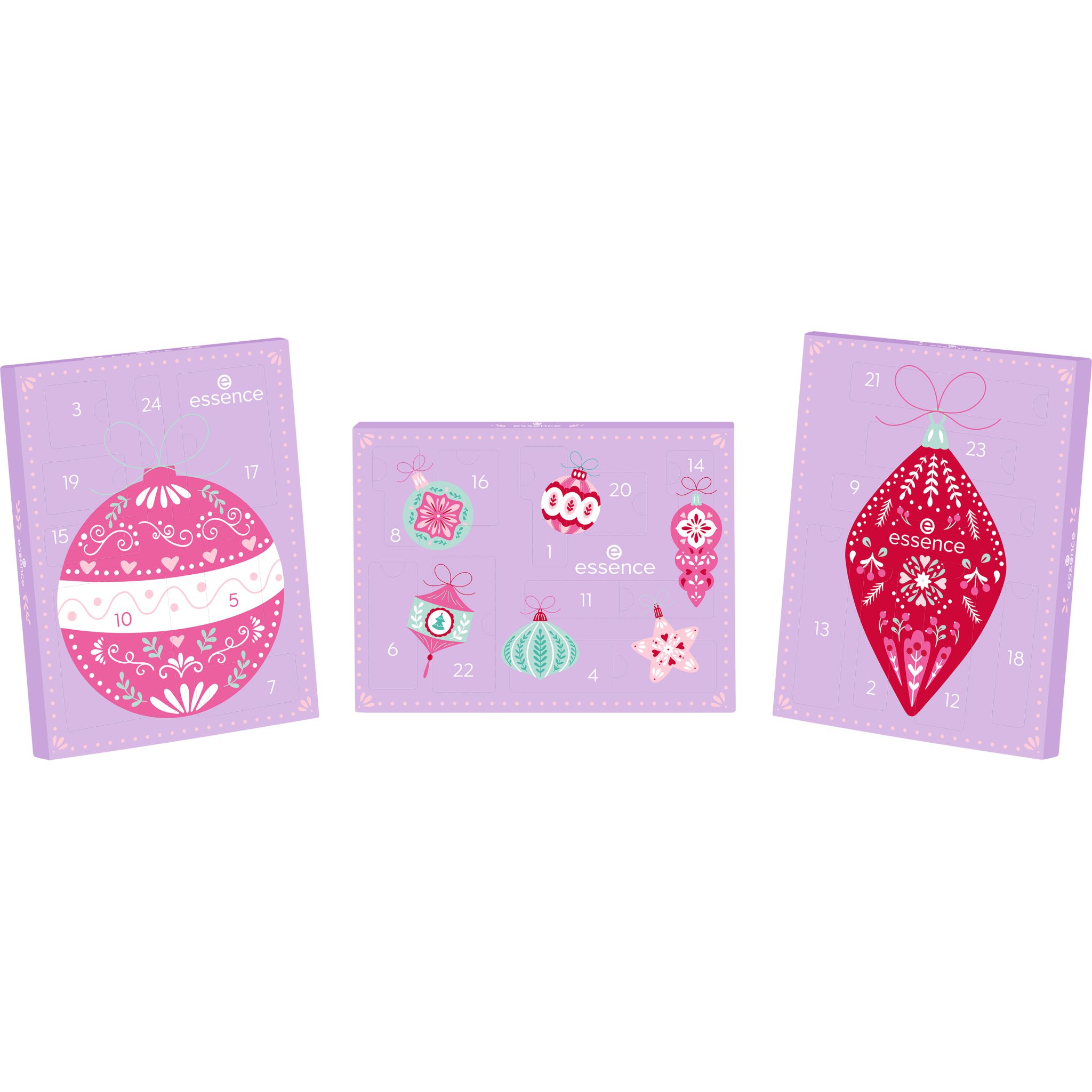 essence Adventskalender 'The Holiday Tree' mit Weihnachtsbaumschmuck-Motiven.