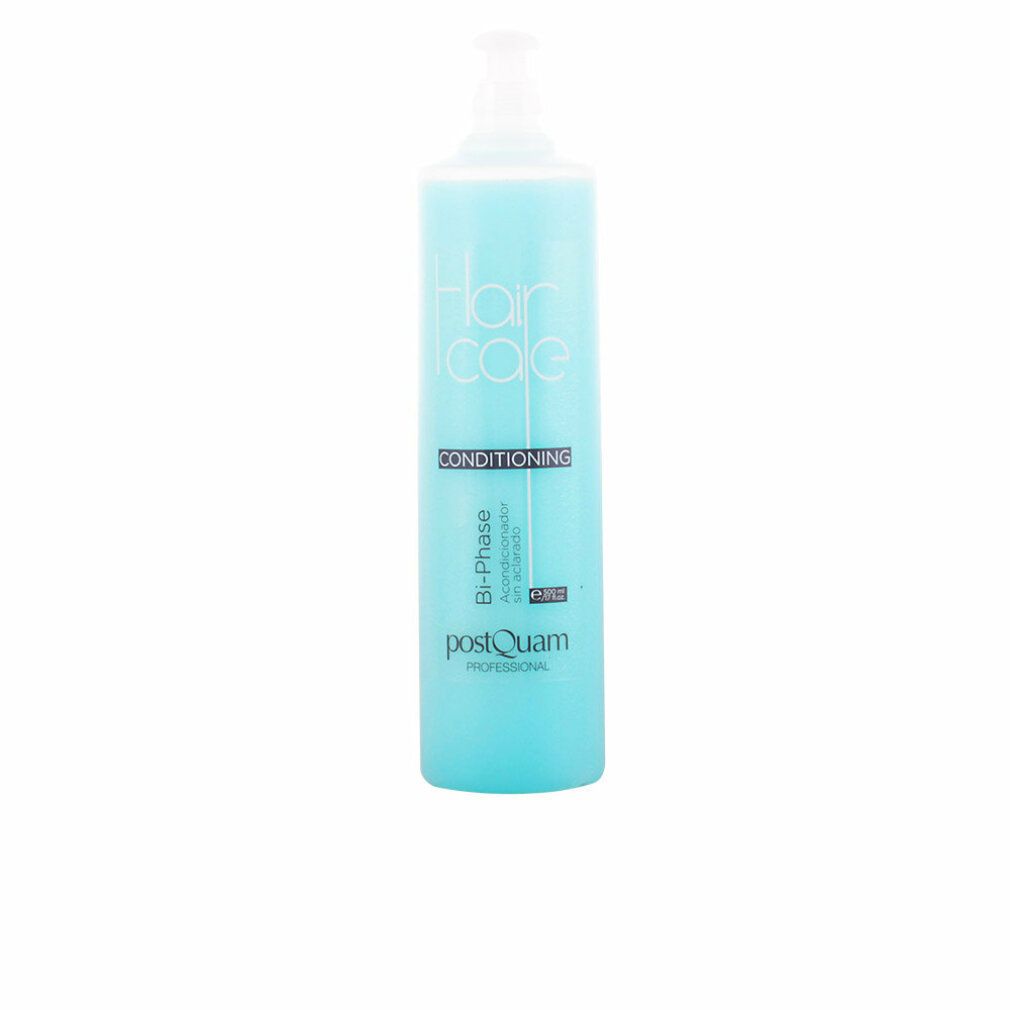 Türkisblaue Flasche mit weißem Deckel. Aufschrift: Hair Care, Conditioning, Bi-Phase, Postquam Professional.