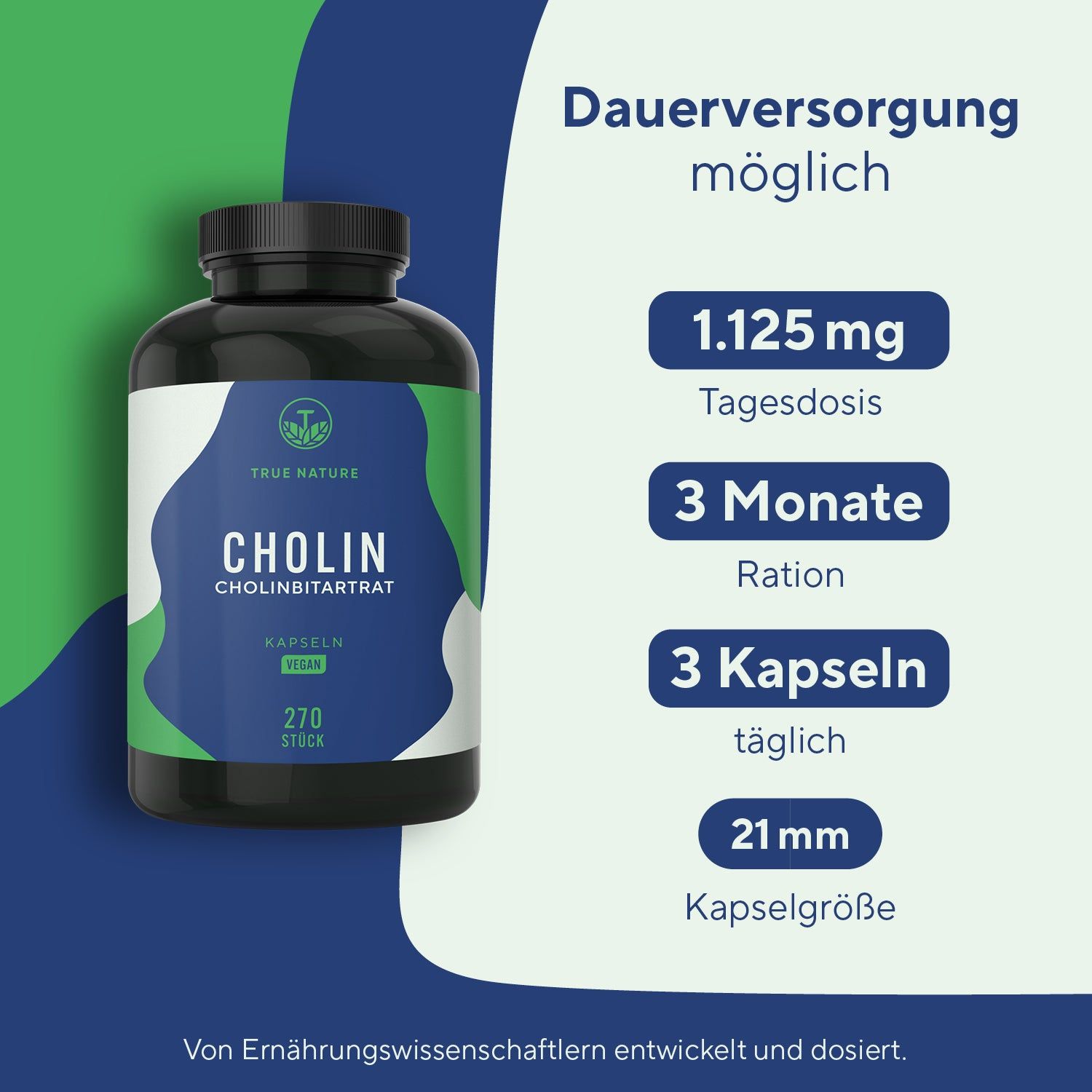 Produktflasche neben Infografik. Tagesdosis 1.125 mg. Ration für 3 Monate. 3 Kapseln täglich. Kapselgröße 21 mm. Entwickelt von Ernährungswissenschaftlern.