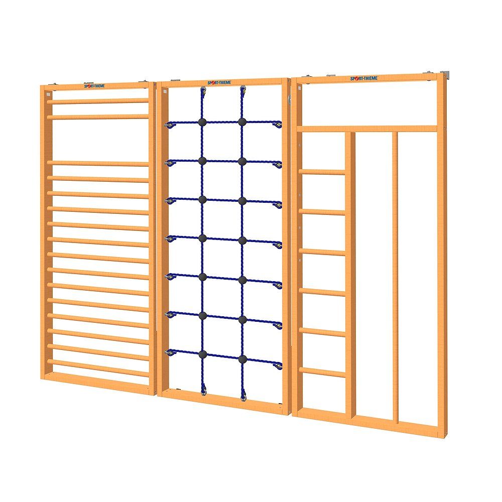Kletterwand-Kombination mit Sprossenwand, Kletternetz und Leiter. Holzrahmen. Sport-Thieme Logo oben.