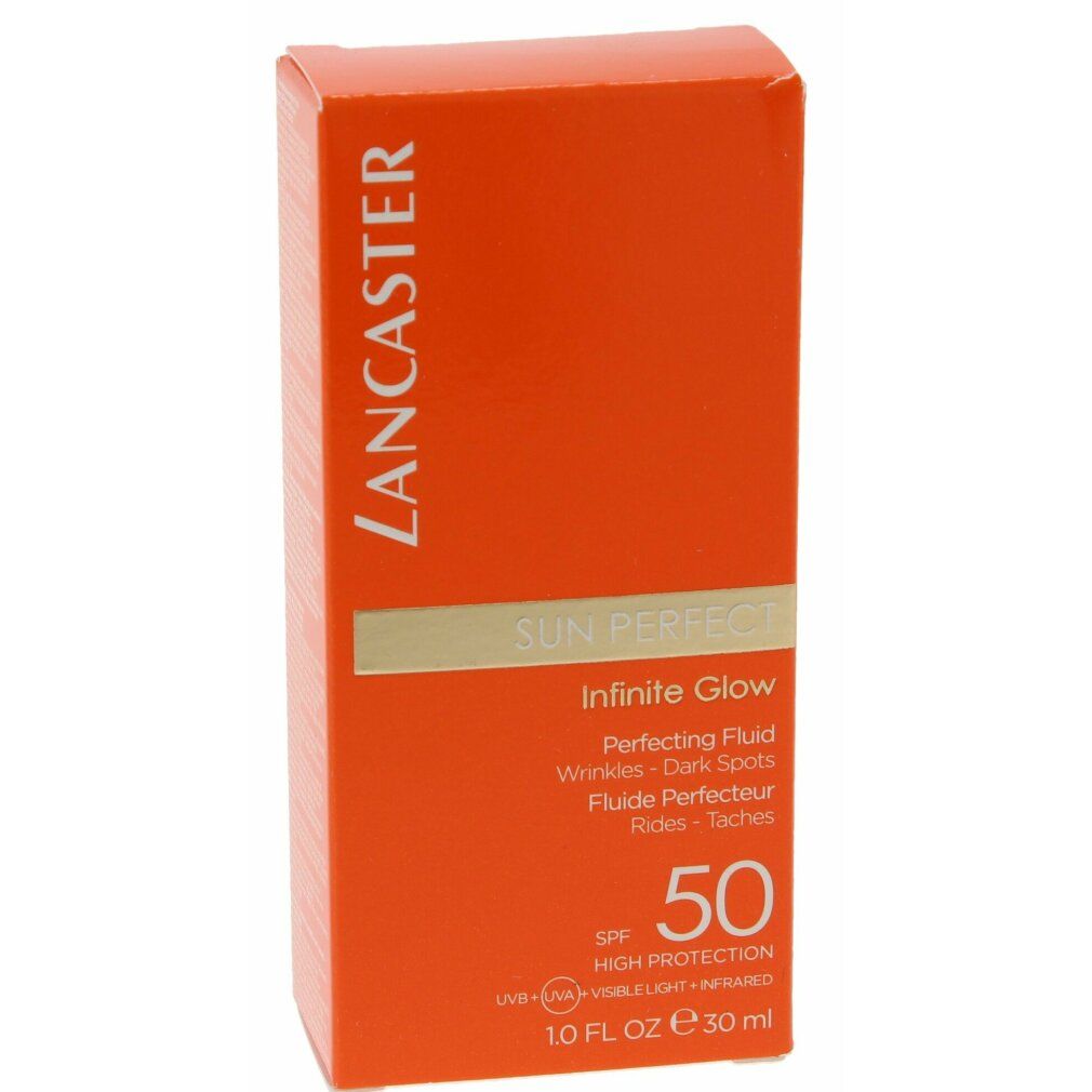 Orangefarbene Verpackung. Aufschrift: Lancaster Sun Perfect Infinite Glow, SPF 50. Produkt für Falten, dunkle Flecken. 1.0 FL OZ 30 ml.