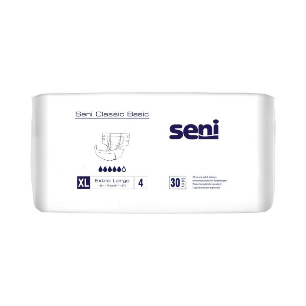Verpackung Seni Classic Basic Inkontinenzhose. Weiß, mit Produktabbildung, Größenangabe XL, Saugstärke 4, Inhalt 30 Stück.